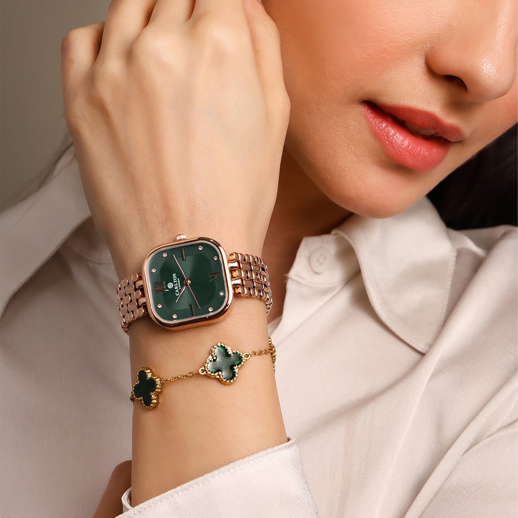 Women Gift Set Of 2: Rose Gold/Green Chelsea Watch + Bracelet