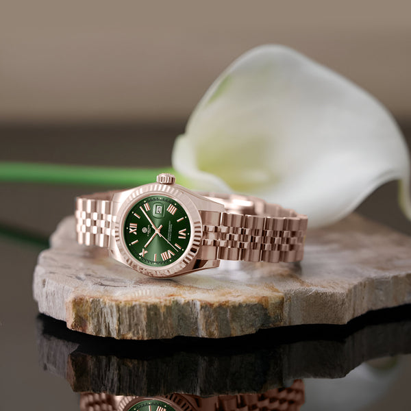 Harper: Mini Green/ Rose Gold Stainless Steel Women Analog Watch