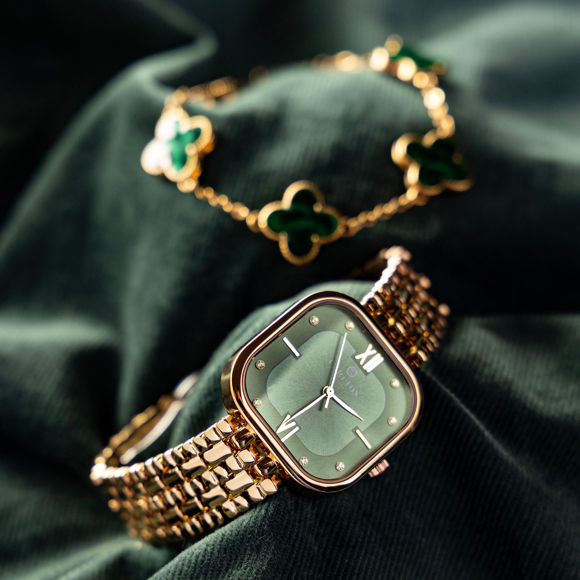 Women Gift (Set Of 2) - Rose Gold/Green Chelsea Watch + Bracelet