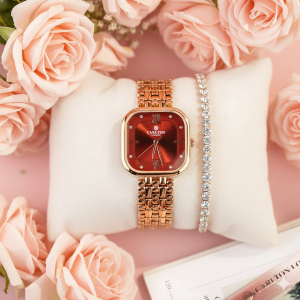 Women Watch Gift 2 - Chelsea Red Analog Watch + Tennis Bracelet - CLPLG118