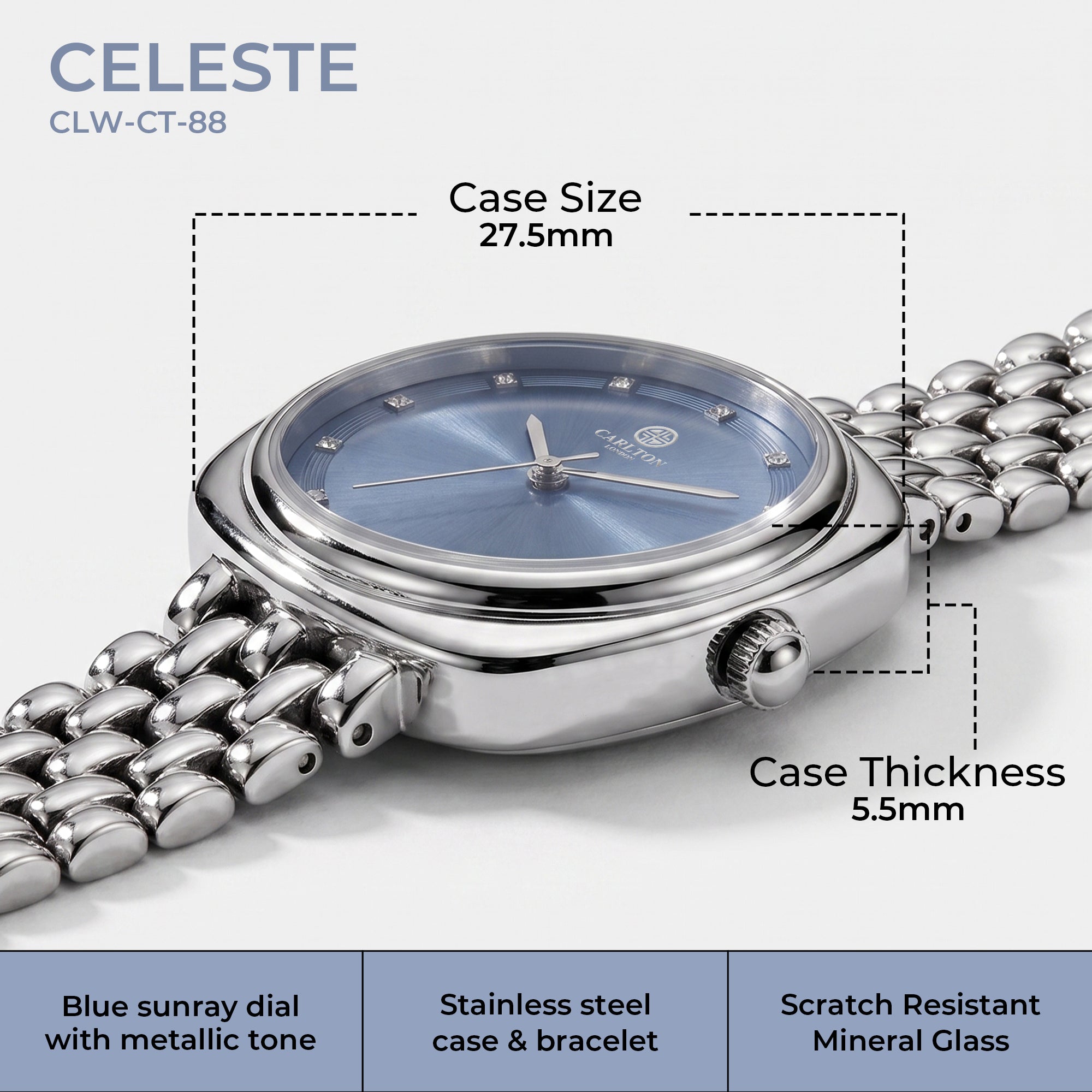 Carlton London Celeste Women’s Watch – Blue Square Dial, Silver Strap – CLW-CT-88