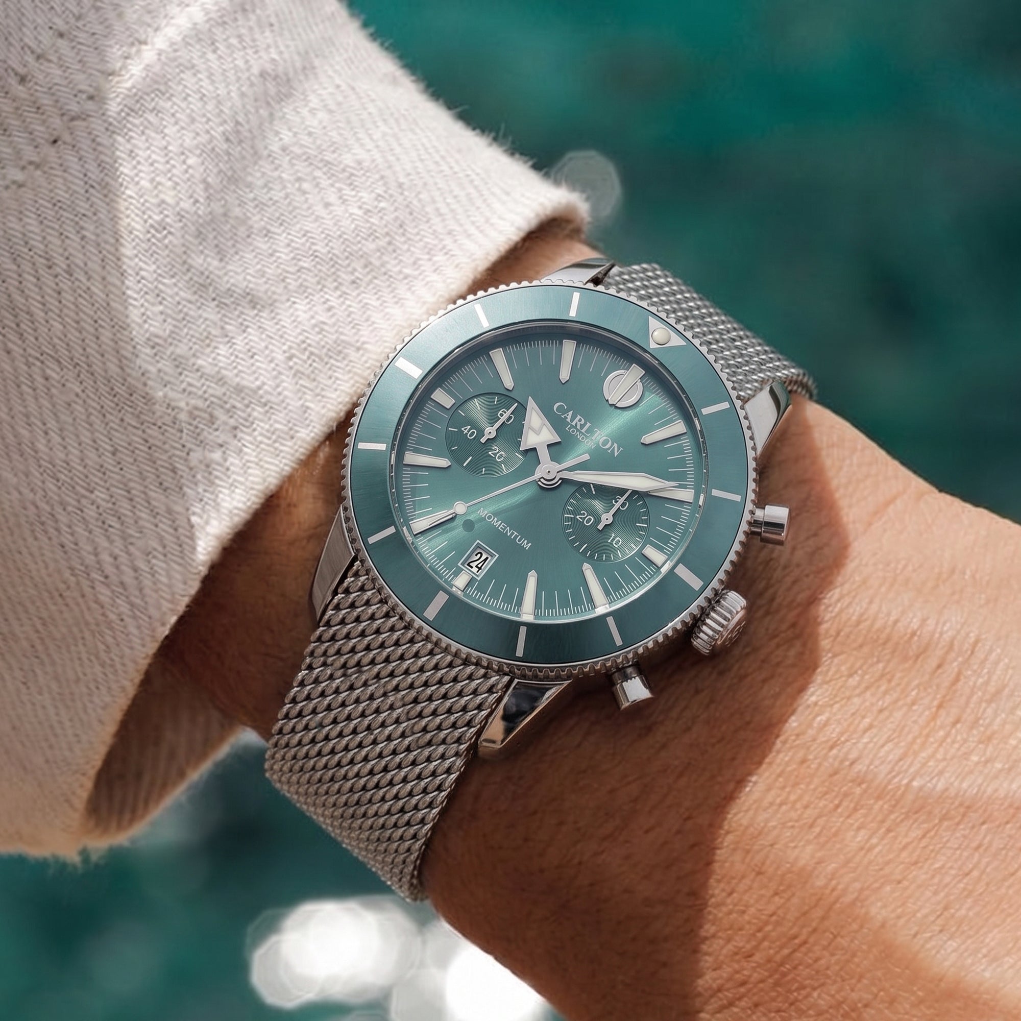 Carlton London Momentum Men’s Watch – Teal Round Dial, Silver Stainless Steel Strap – CL-MT-TL