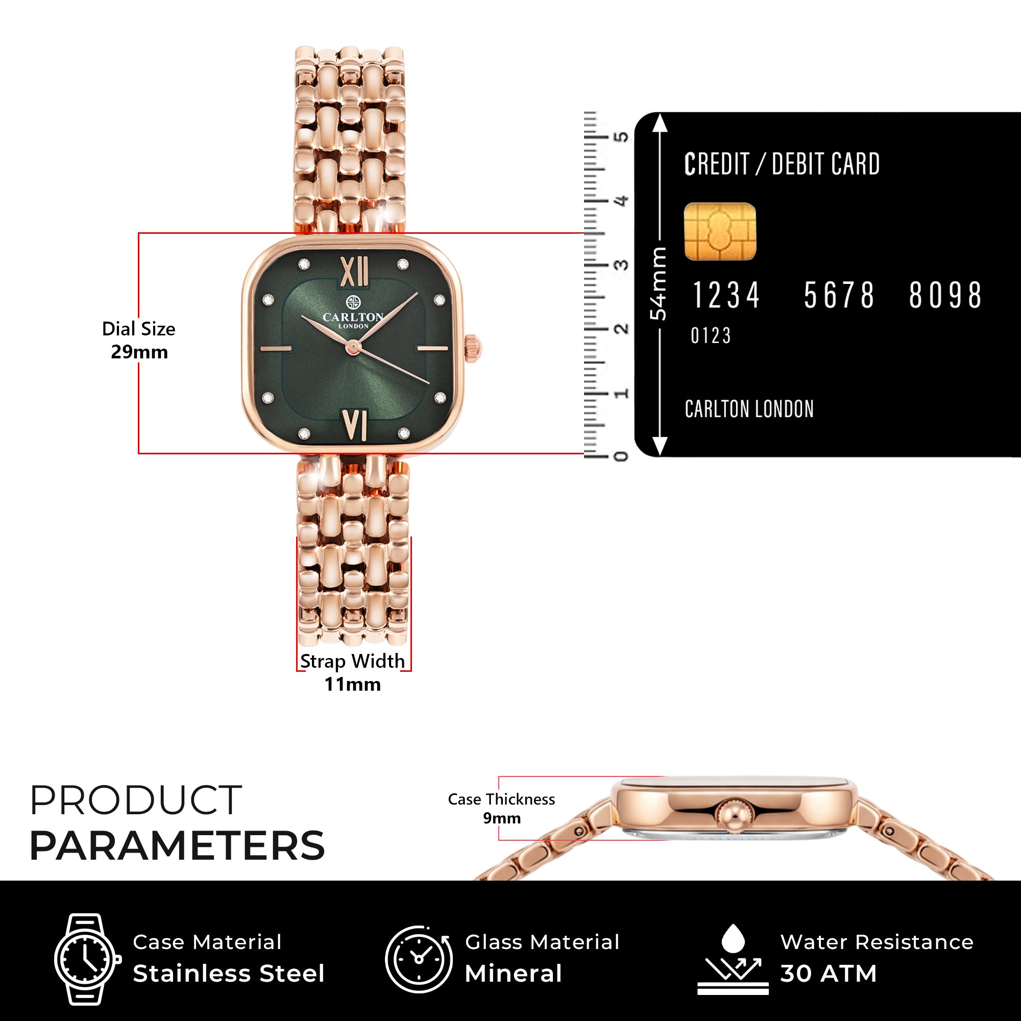 Carlton London Chelsea Women’s Gift Set – Dark Green Dial Watch with Green Leaf Bracelet, Rose Gold – CLPLG053