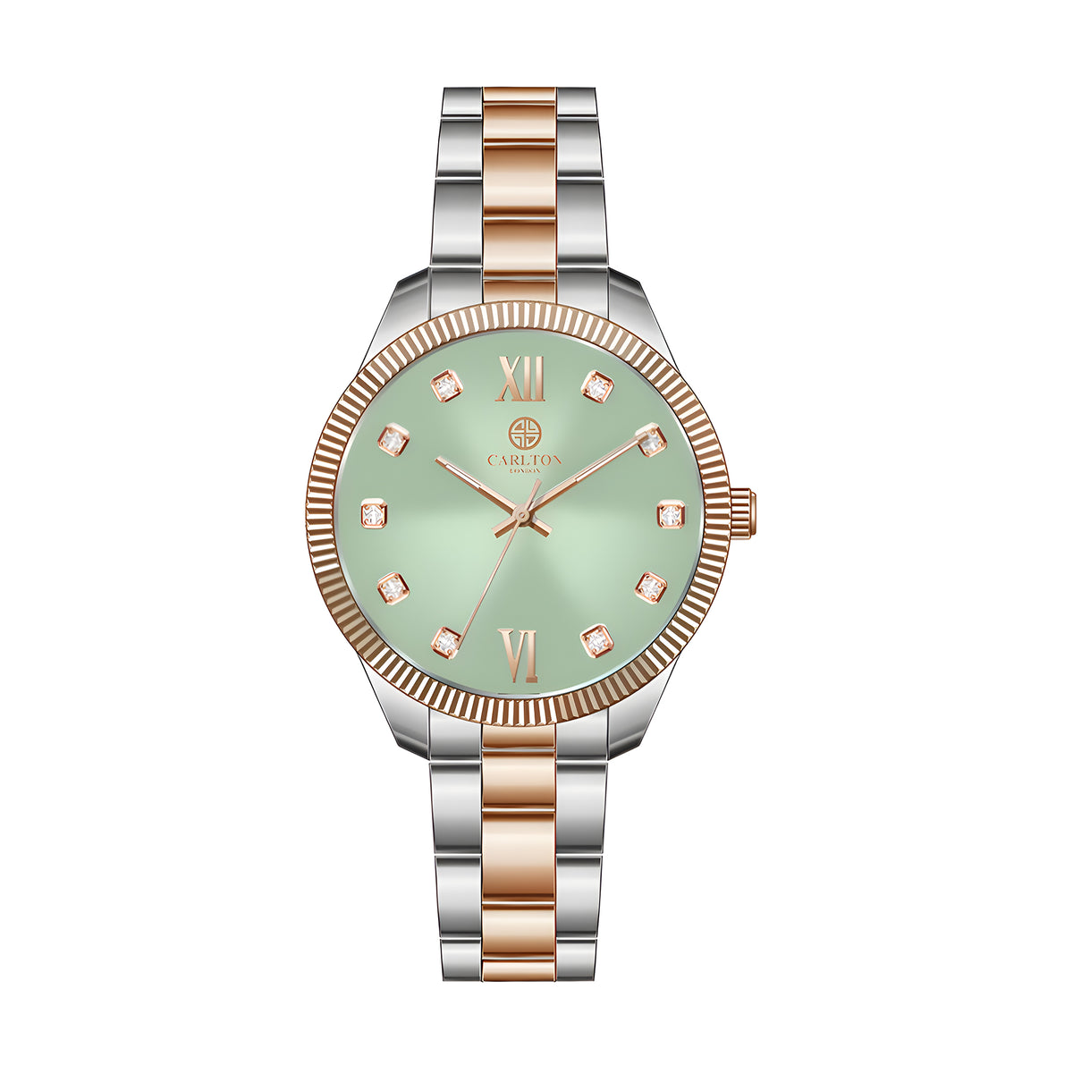 Carlton London Harper Vintage Women’s Watch, Green Round Dial, Silver-Toned Stainless Steel Strap - CLBRTGRN