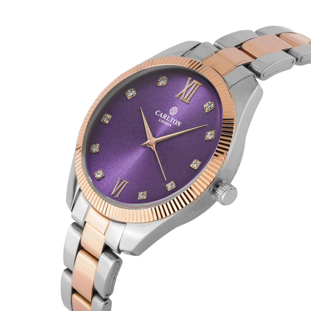 Carlton London Harper Vintage Women’s Watch, Purple Round Dial, Silver-Toned Stainless Steel Strap - CLBRTPRP