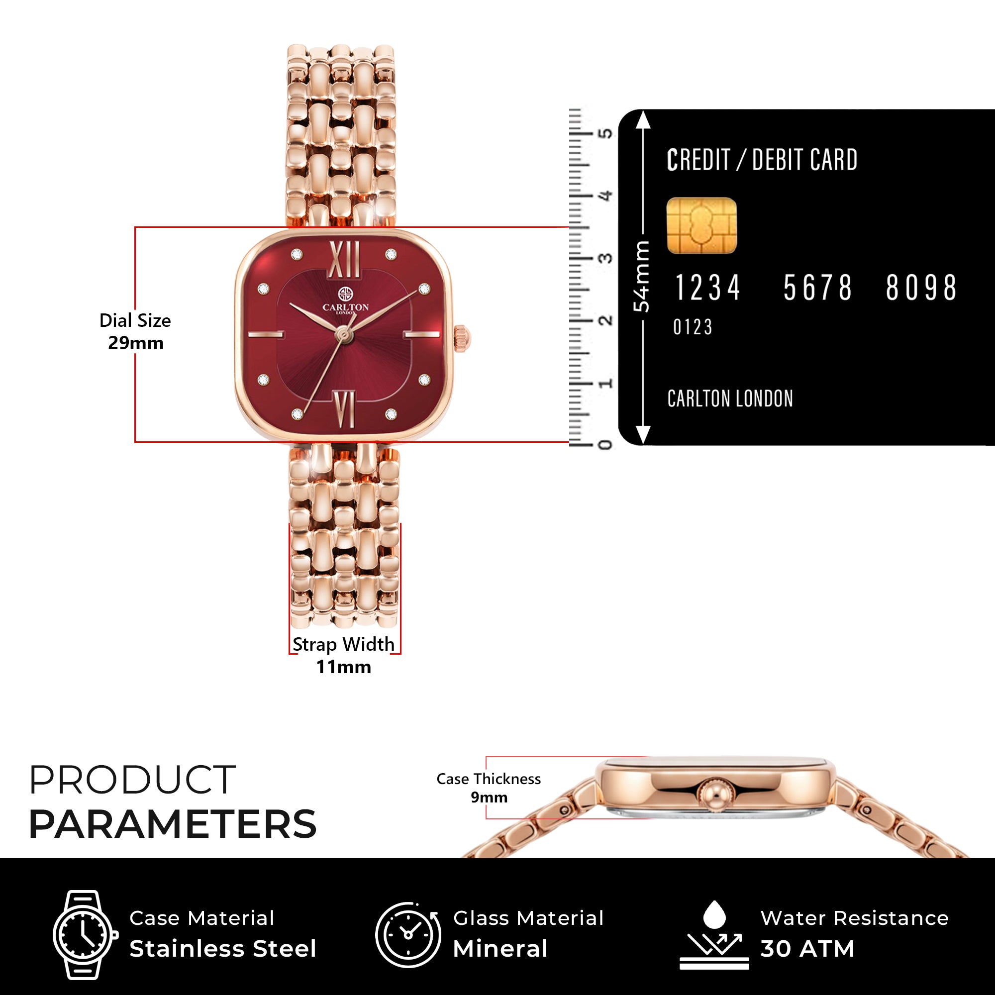 Carlton London Chelsea Women’s Watch – Red Square Dial, Rose Gold Strap – CLSSCRED