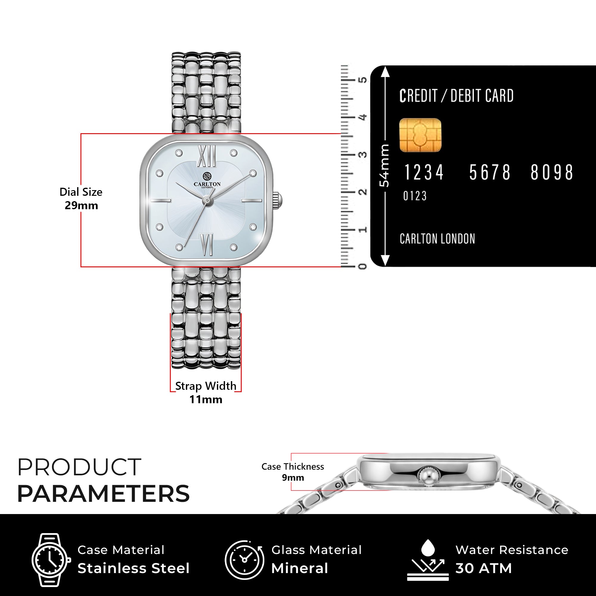 Carlton London Chelsea Women’s Watch – Blue Square Dial, Silver Strap – CLSSCSVR