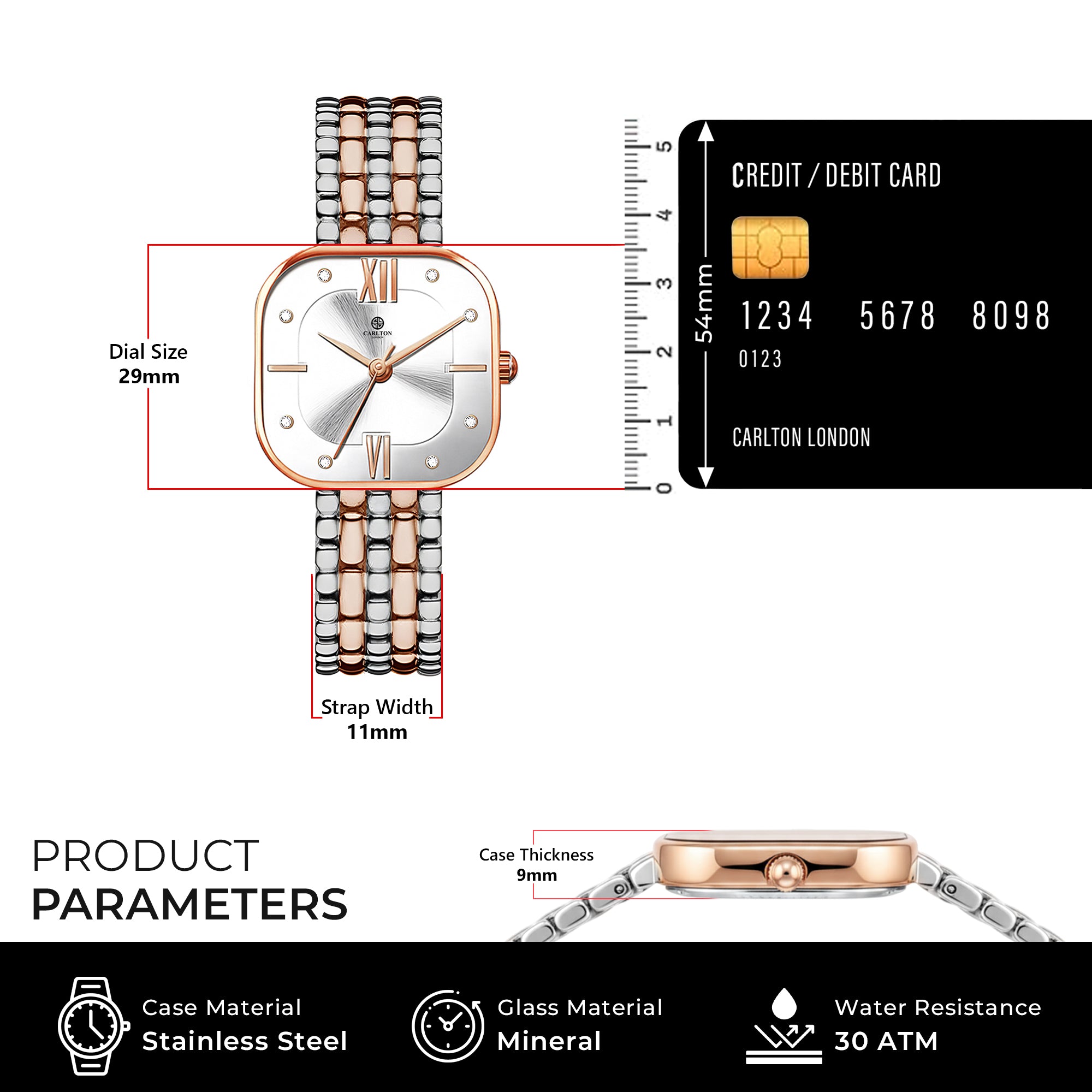 Carlton London Chelsea Women’s Watch – White Square Dial, Rose Gold Strap – CHELWHT-A1