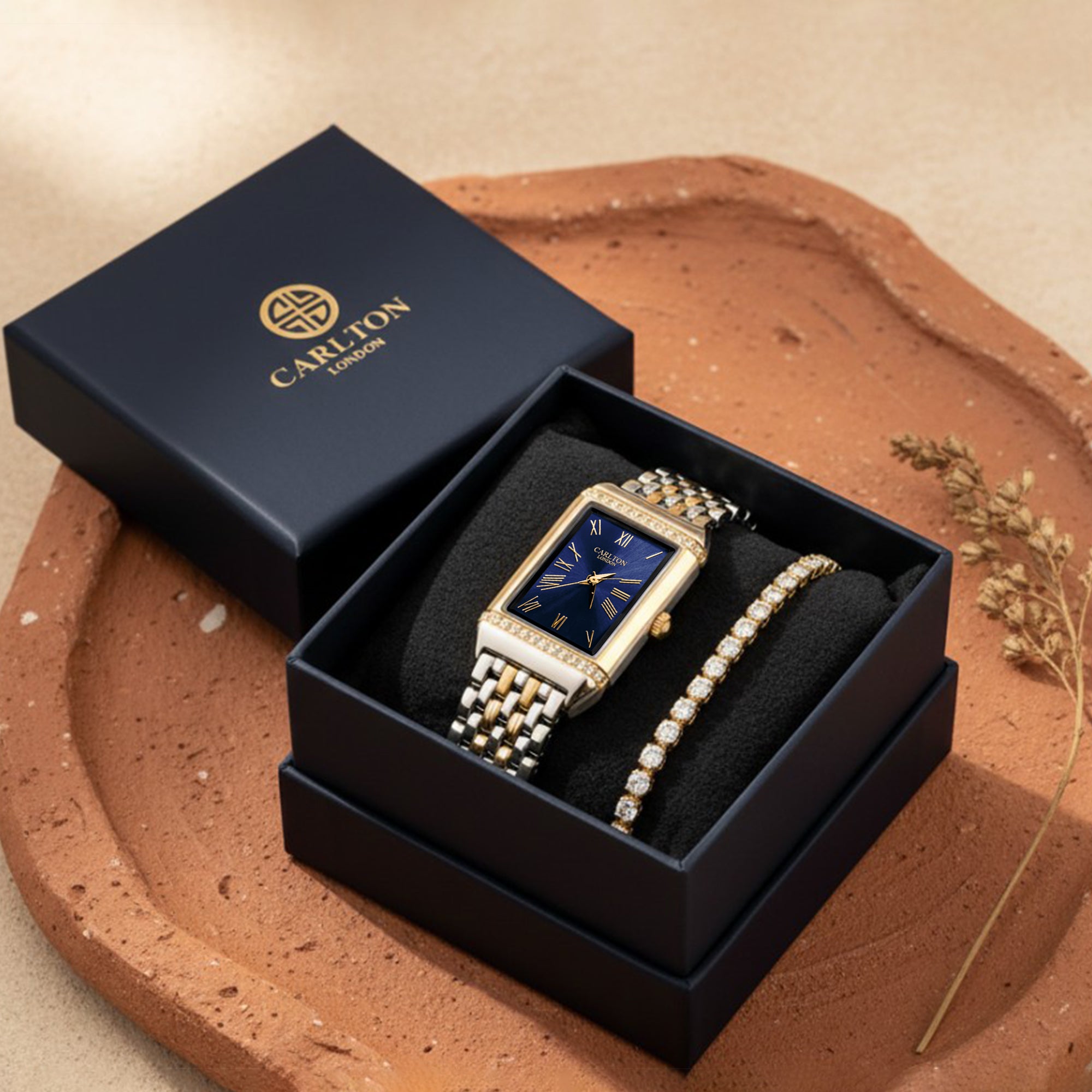 Carlton London Amara Women’s Gift Set – Navy Blue Dial Watch with Tennis Bracelet, Two Tone – CLPLG126
