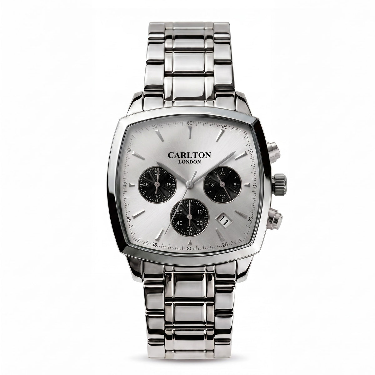 Carlton London Sterling Men’s Watch - Silver Square Dial, Silver Stainless Steel Strap - CLSTBSVR