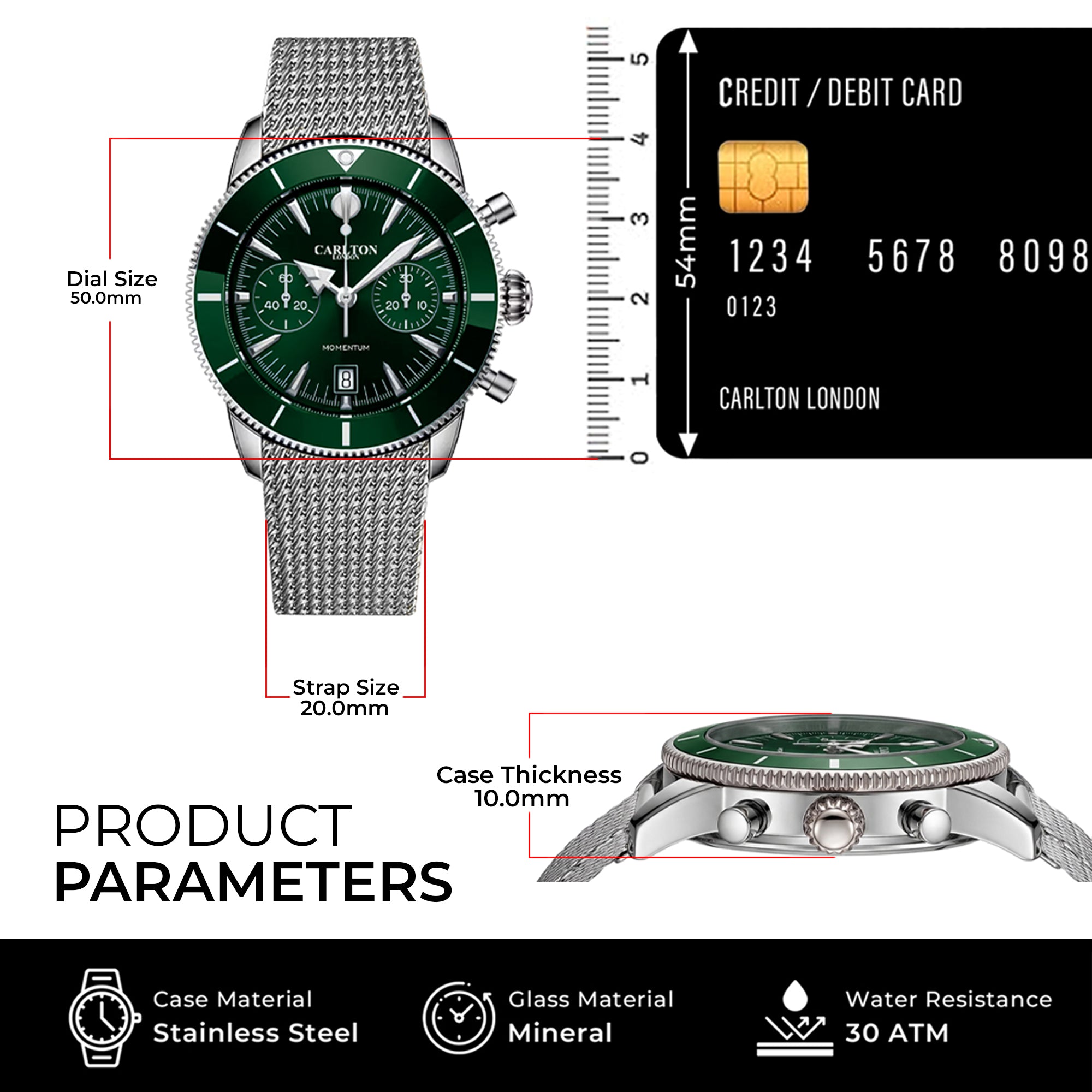 Carlton London Momentum Men’s Watch – Green Round Dial, Silver Stainless Steel Strap – CL-MT-SGRN