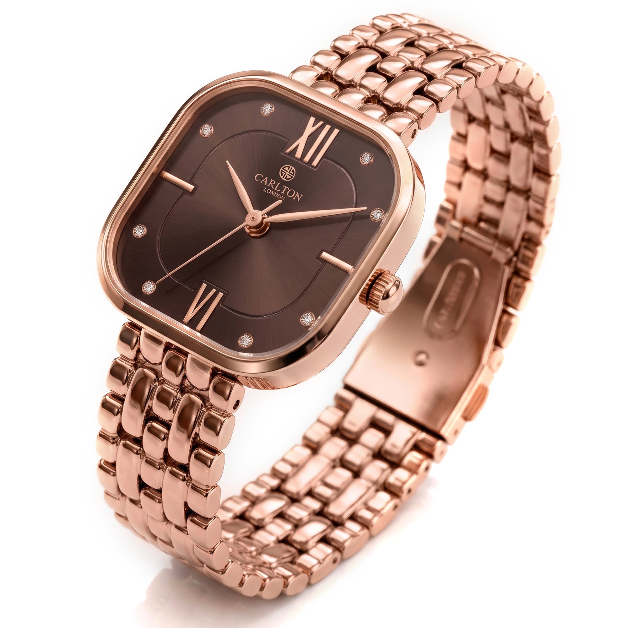 Carlton London Chelsea Women’s Watch – Brown Square Dial, Rose Gold Stainless Steel Strap – CLSSBRWN