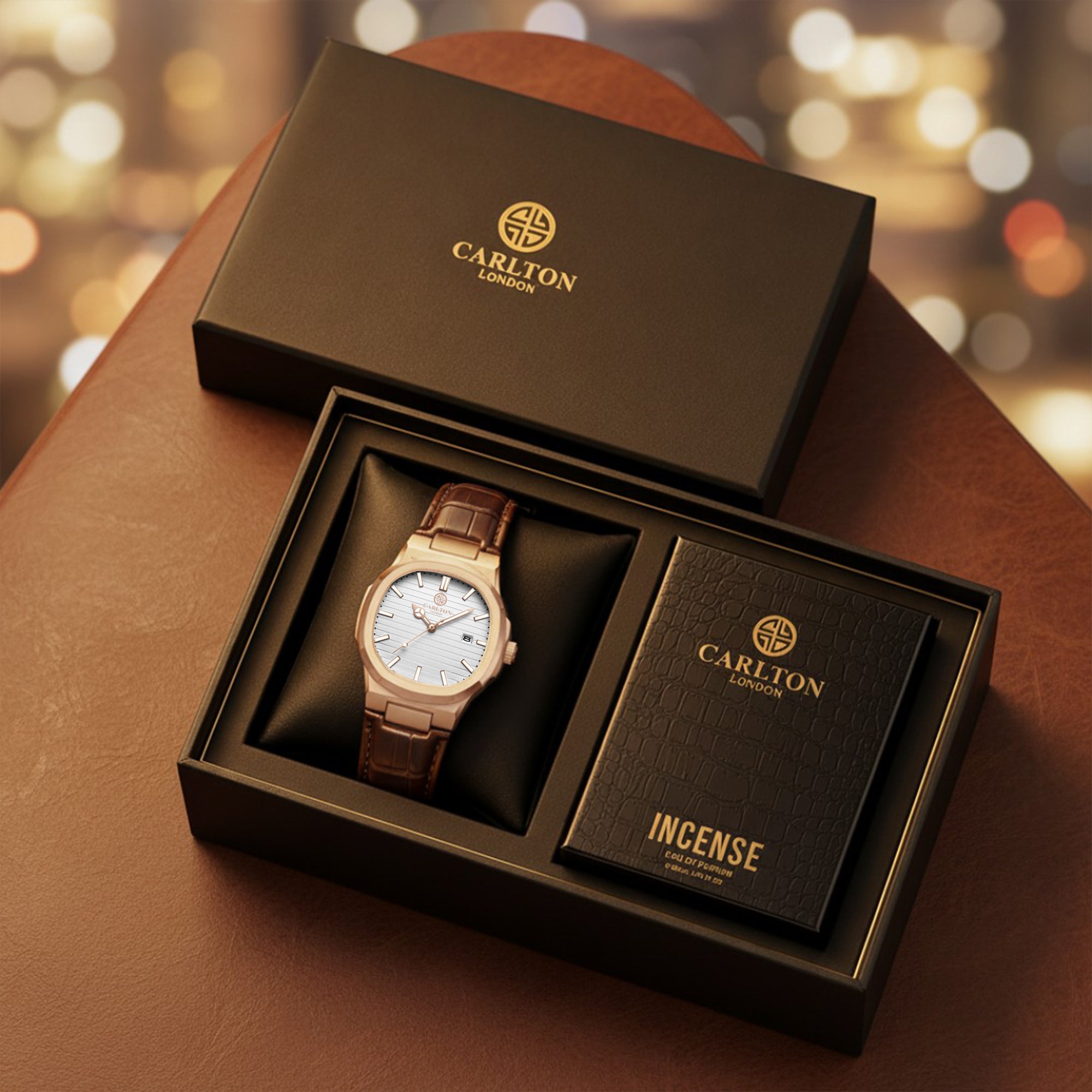 Carlton London Jordan Men’s Gift Set – White Dial Watch with Incense Perfume 50ml, Brown Leather Strap – CLPLG125
