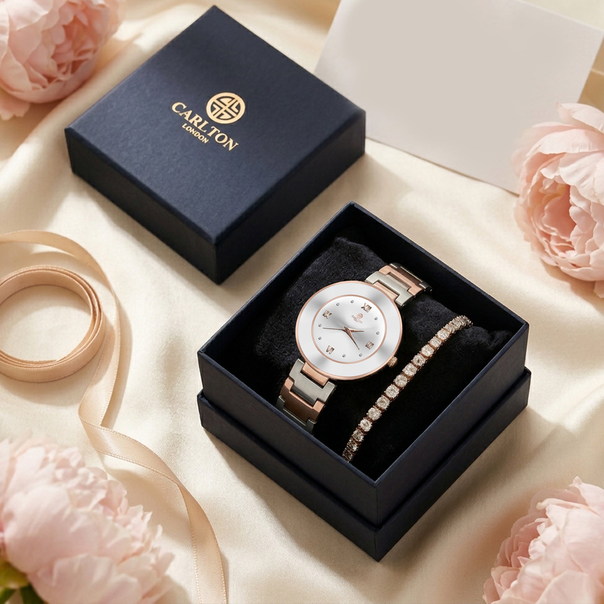 Carlton London Juliette Women’s Gift Set – Silver Dial Watch with Tennis Bracelet, Two Tone – CLPLG141