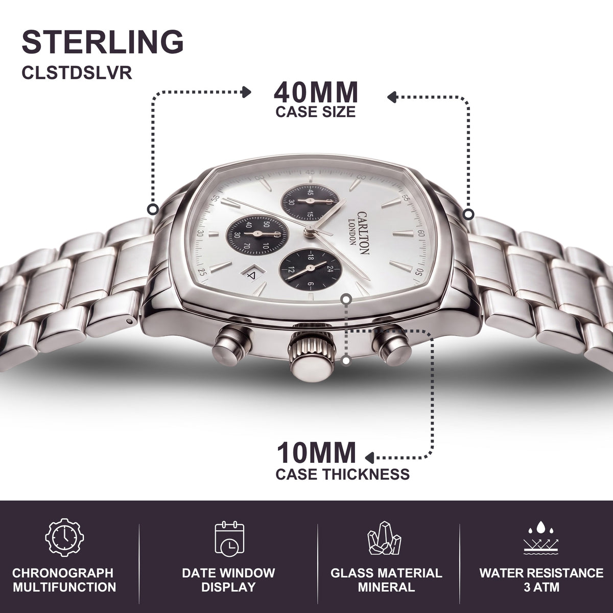 Carlton London Sterling Men’s Watch - Silver Square Dial, Silver Stainless Steel Strap - CLSTBSVR