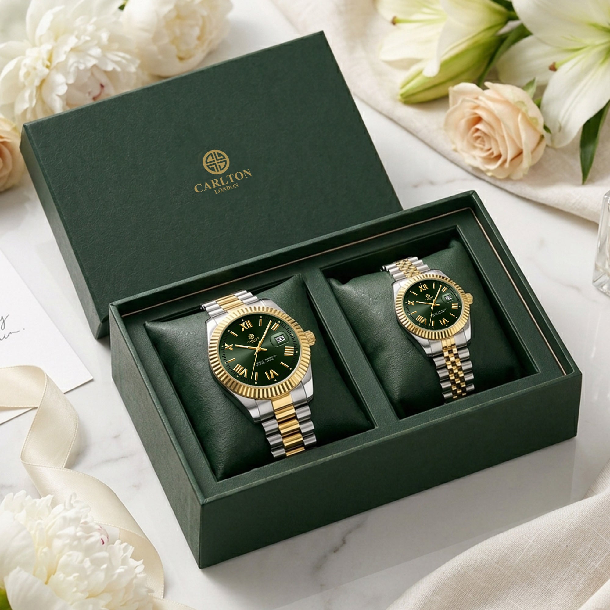 Carlton London Charles & Harper Couple Watch Gift Set – Green Dial His & Hers Watches, Two Tone – CLPLG134