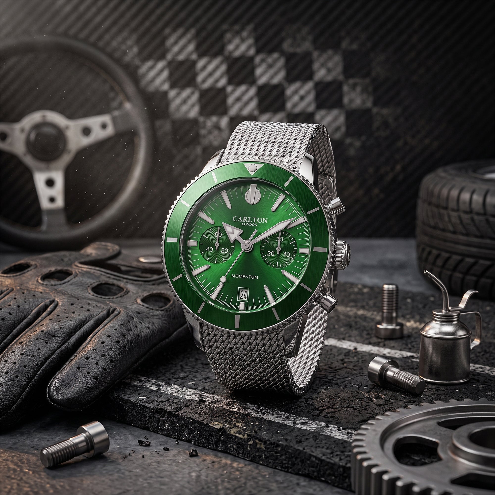 Carlton London Momentum Men’s Watch – Green Round Dial, Silver Stainless Steel Strap – CL-MT-SGRN
