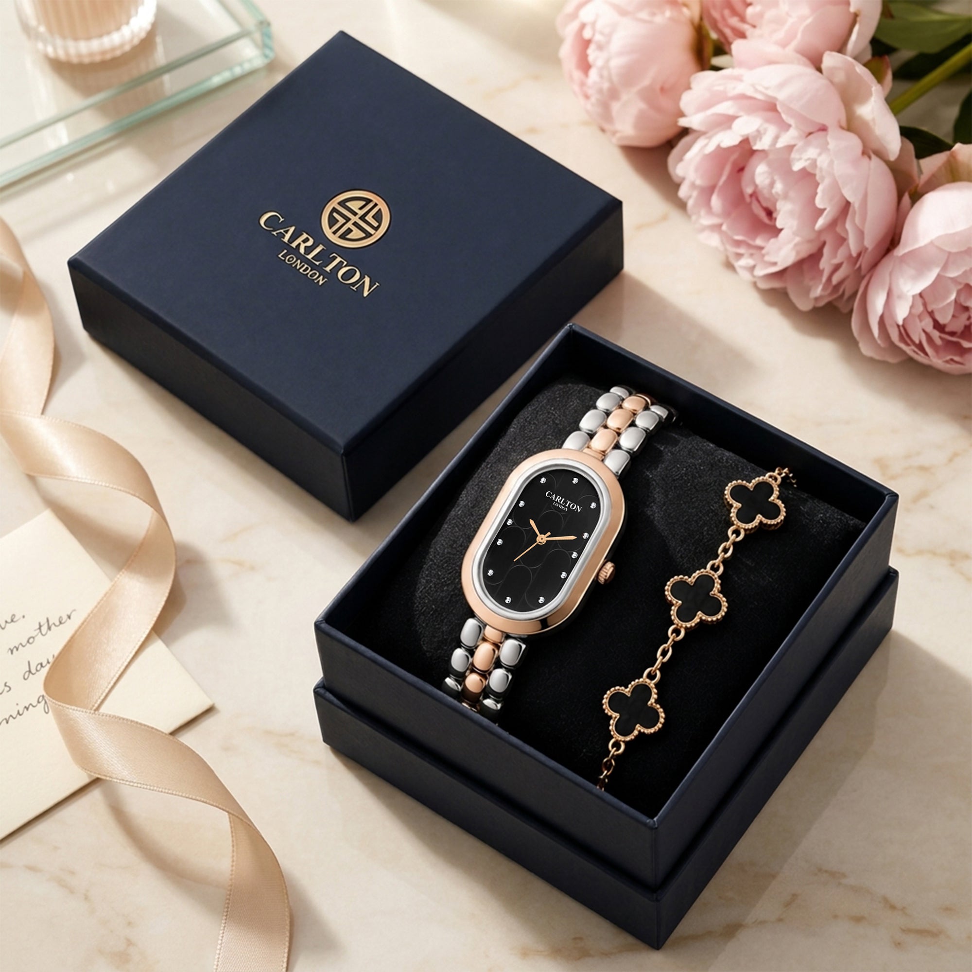Carlton London Cecil Women’s Gift Set – Black Oval Dial Watch with Black Leaf Bracelet, Two Tone – CLPLG133