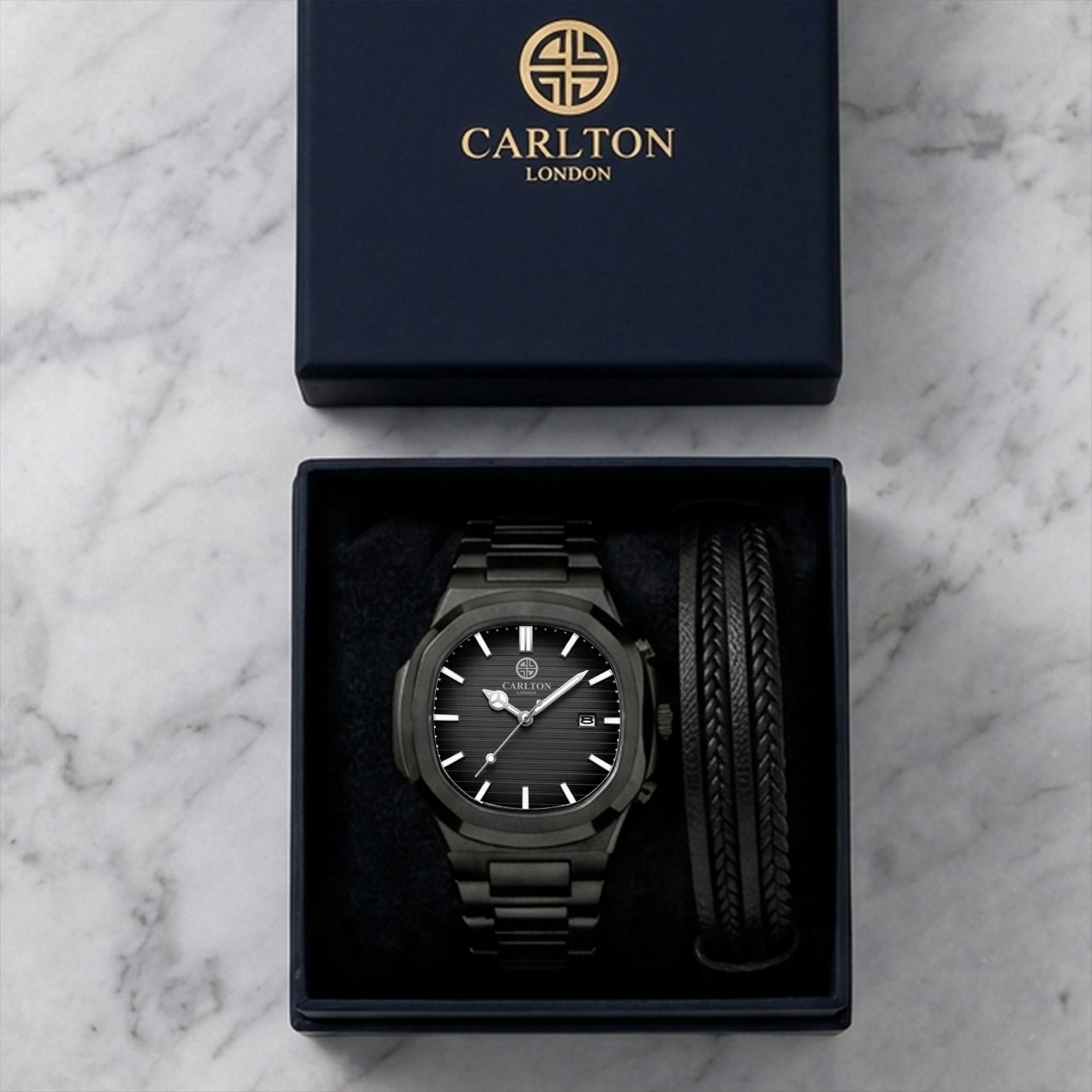 Carlton London Arthur Men’s Gift Set – Teal Dial Watch with Leather Multi-Strap Bracelet, Silver Strap – CLPLG130
