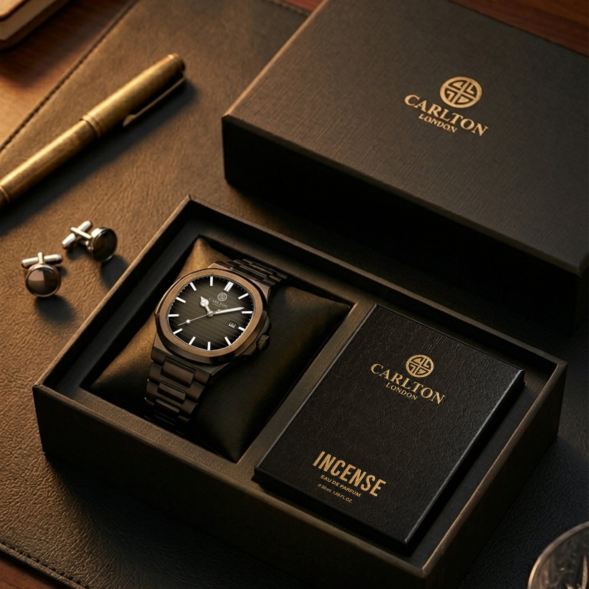Carlton London Arthur Men’s Gift Set – Black Dial Watch with Incense Perfume 50ml, Black Strap – CLPLG131