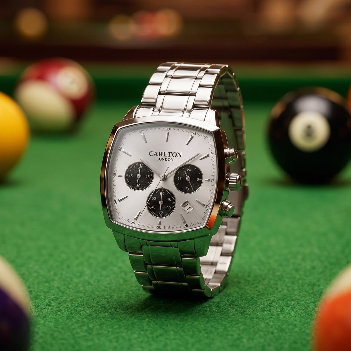 Carlton London Sterling Men’s Watch - Silver Square Dial, Silver Stainless Steel Strap - CLSTBSVR