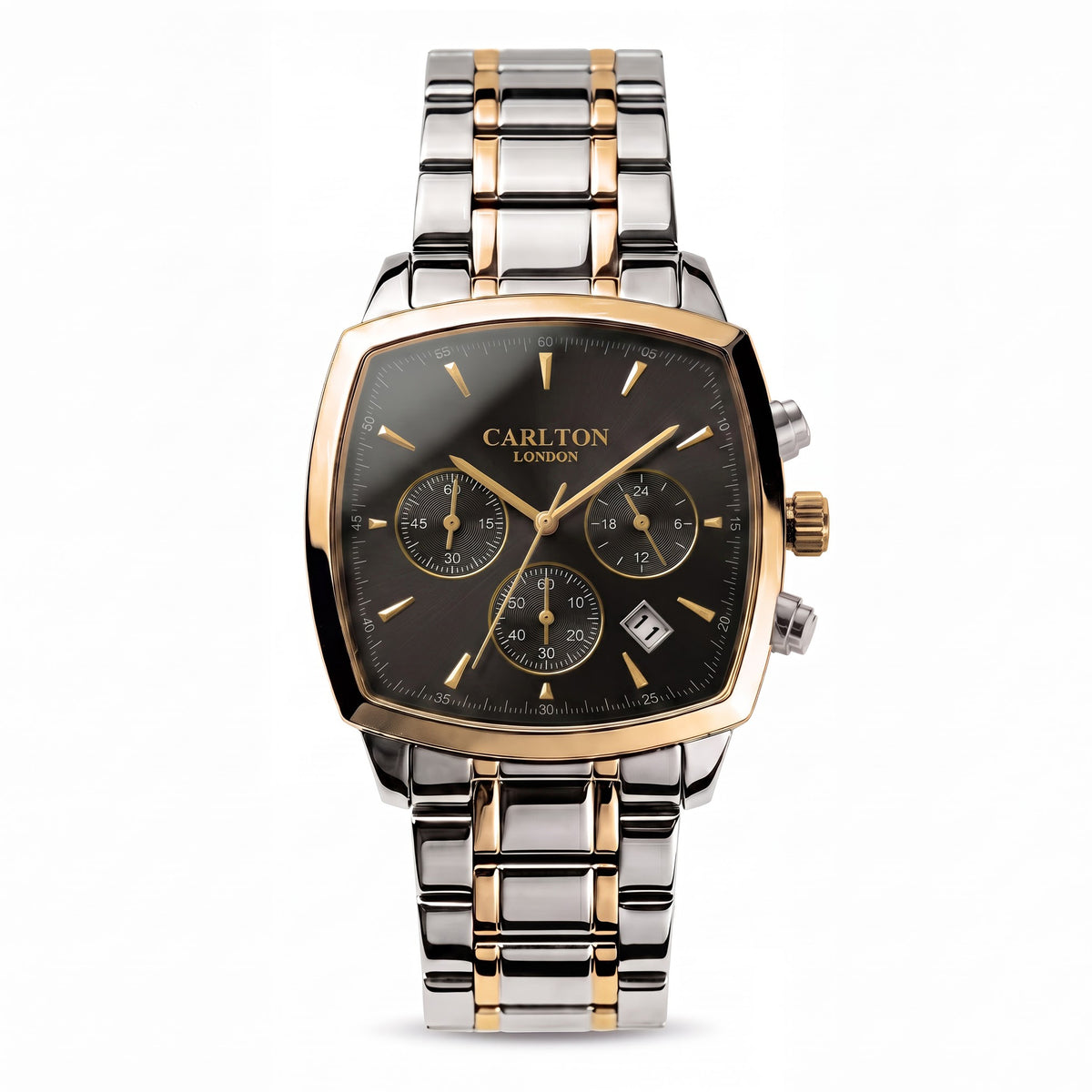 Carlton London Sterling Men’s Watch - Black Square Dial, Dual Tone Stainless Steel Strap - CLSTDBLK