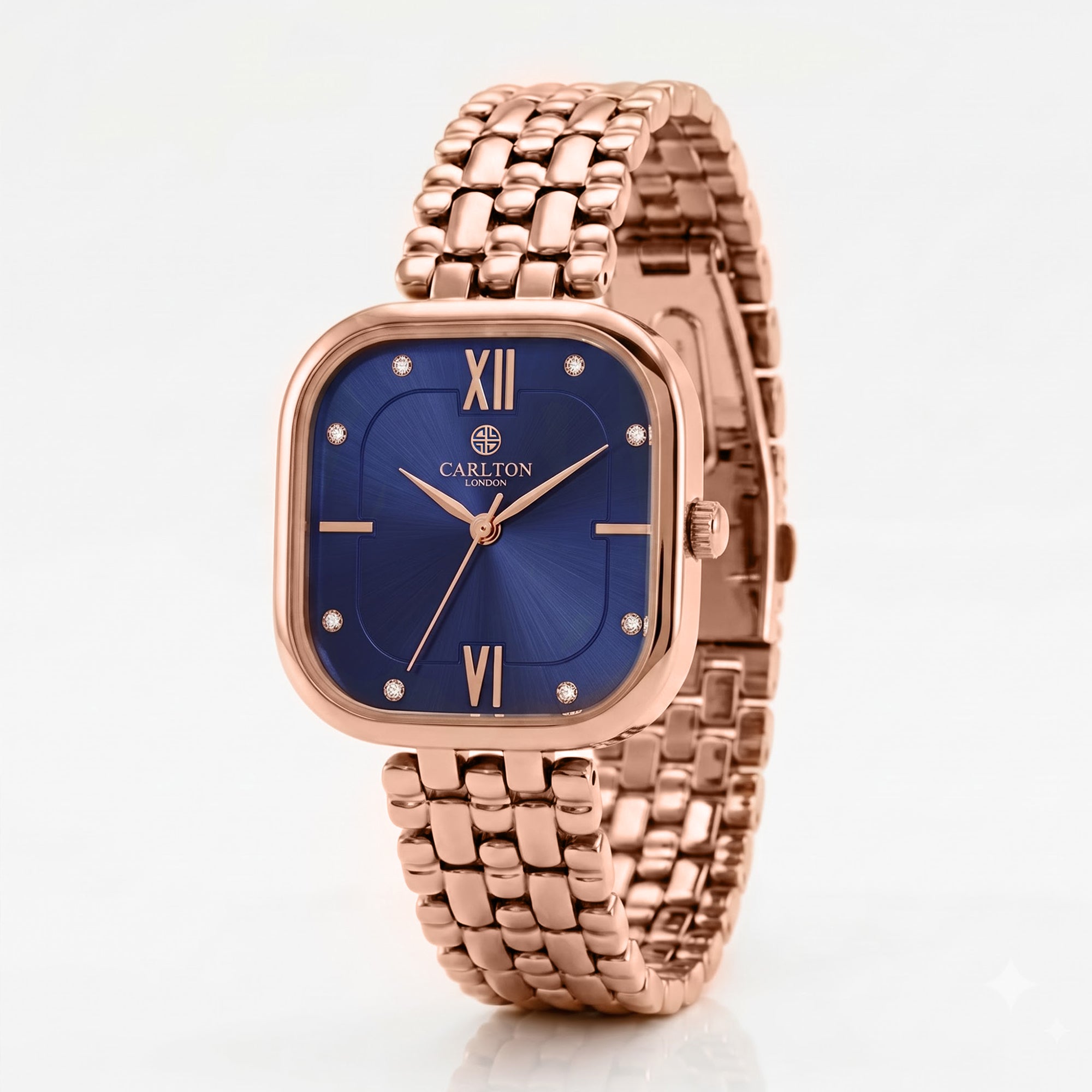 Carlton London Chelsea Women’s Watch – Blue Square Dial, Rose Gold Stainless Steel Strap – CLSSCBLU