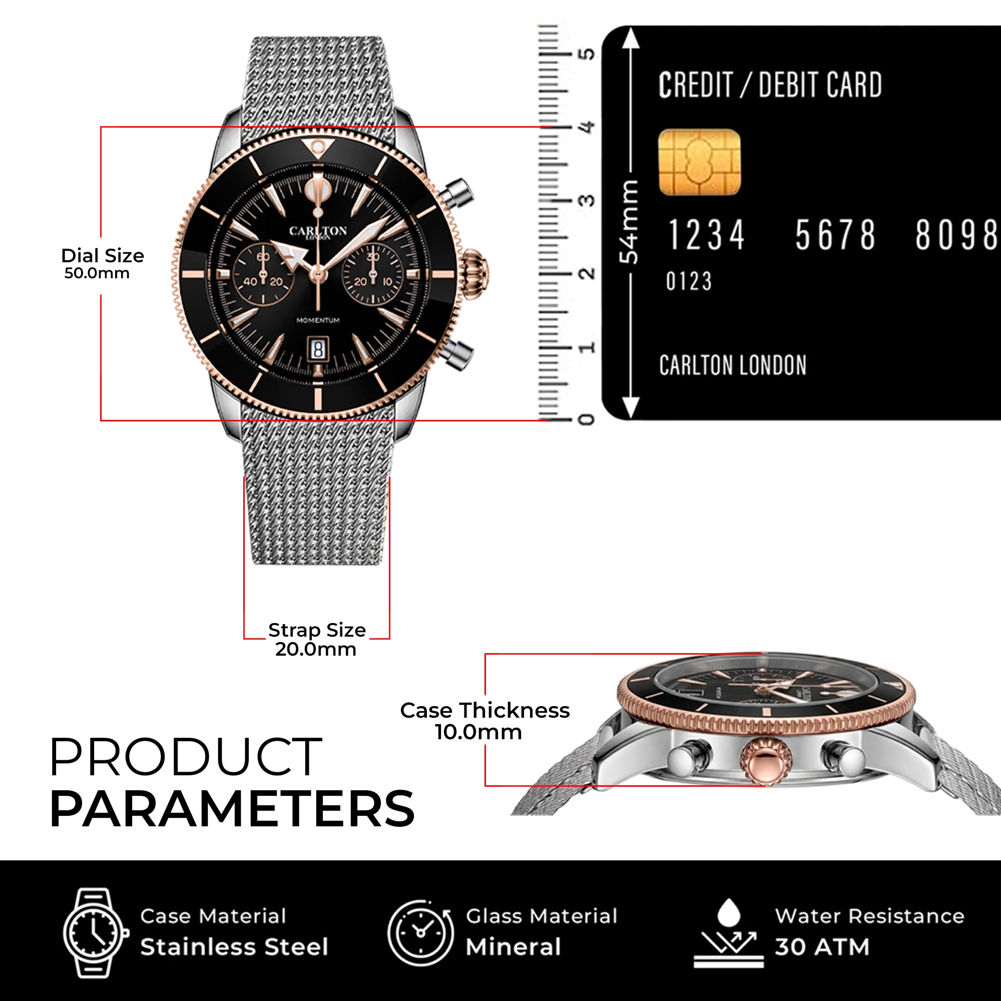 Carlton London Momentum Men’s Watch – Black Round Dial, Silver Stainless Steel Strap – CL-MT-BLK