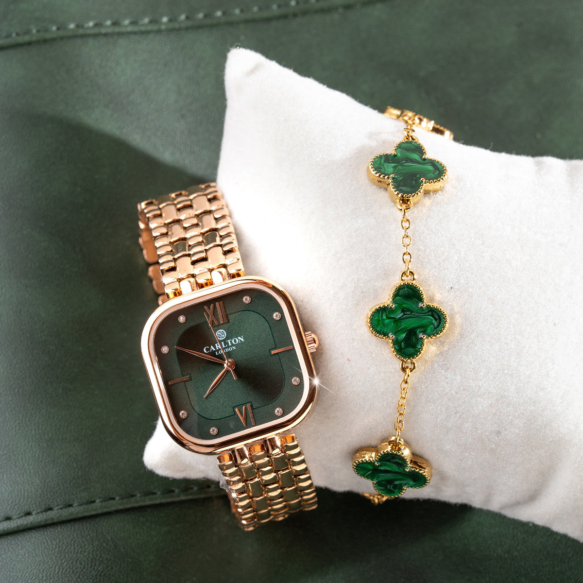 Sku:0279 cute gold mini watch bracelet with green natural stone inserts+gift bag Emerald Green Bracelet Set | Gogo Lush main image 3