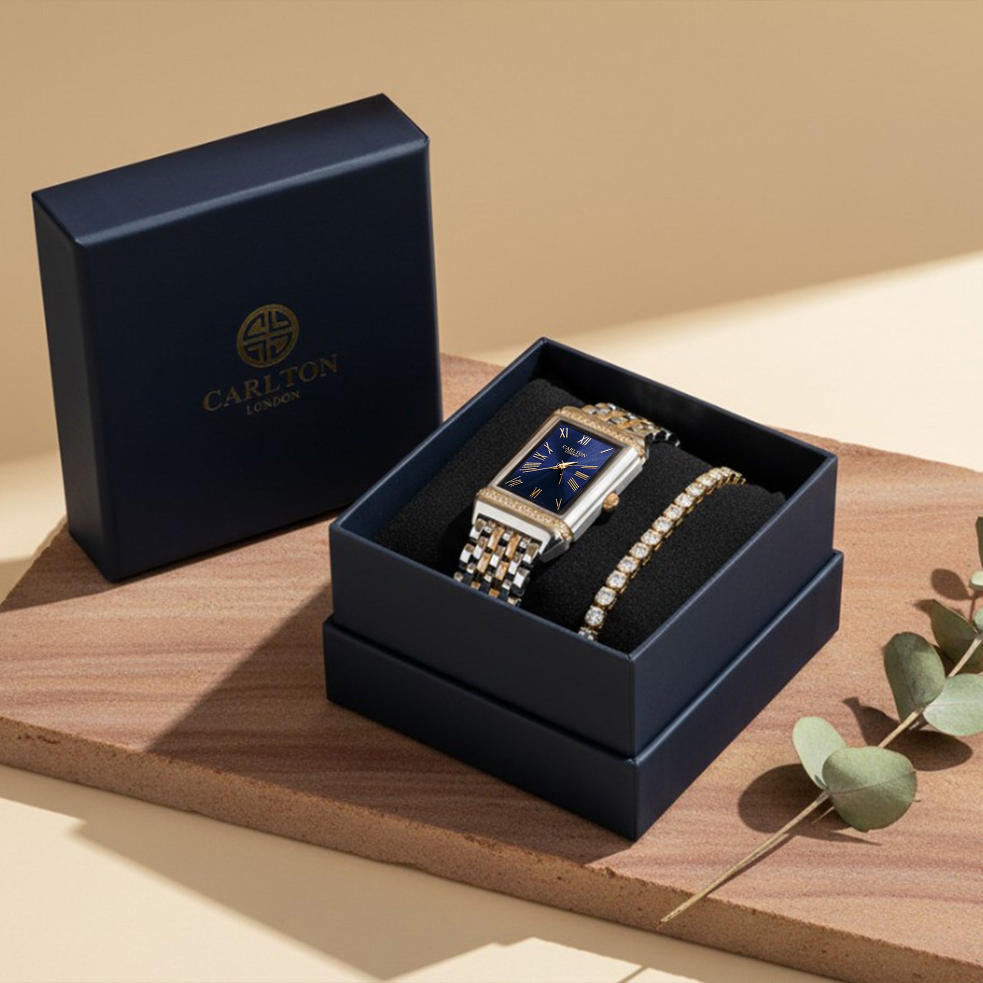 Carlton London Amara Women’s Gift Set – Navy Blue Dial Watch with Tennis Bracelet, Two Tone – CLPLG126