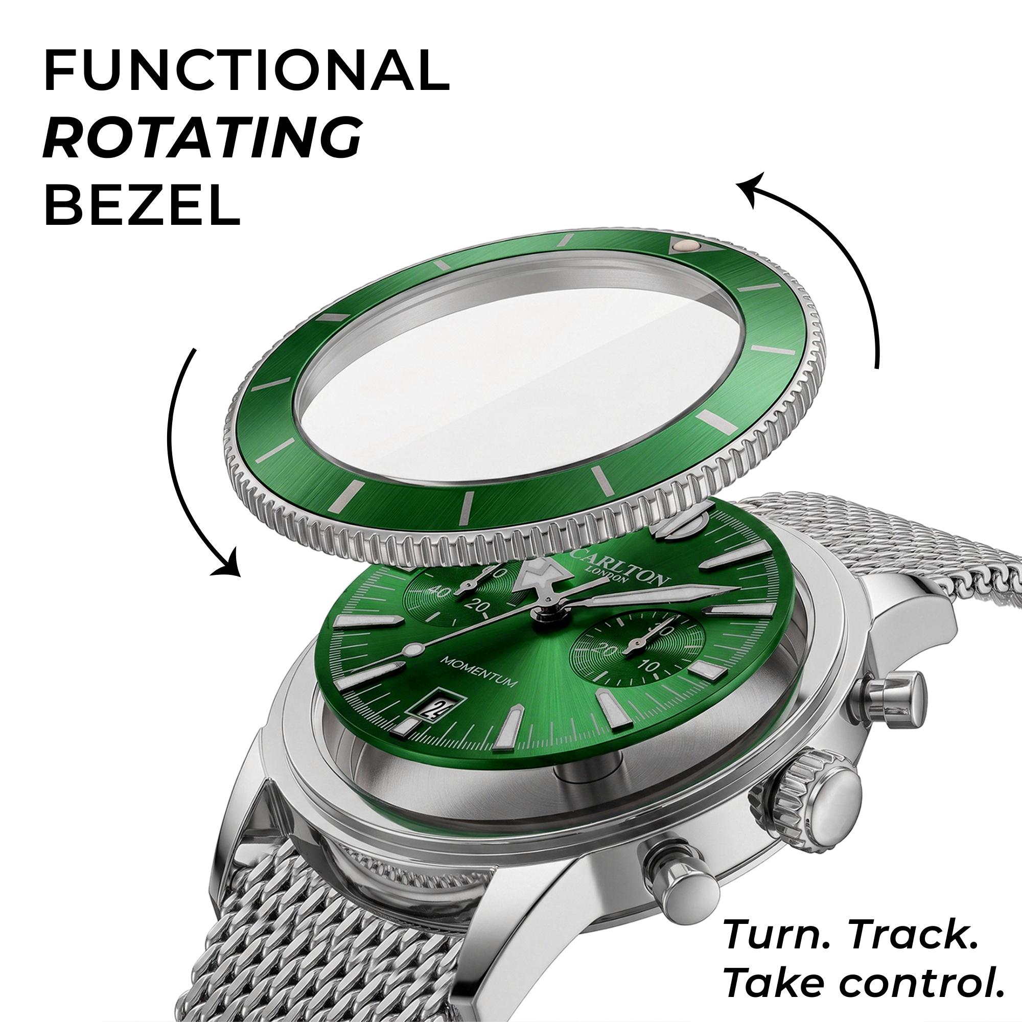 Carlton London Momentum Men’s Watch – Green Round Dial, Silver Stainless Steel Strap – CL-MT-SGRN