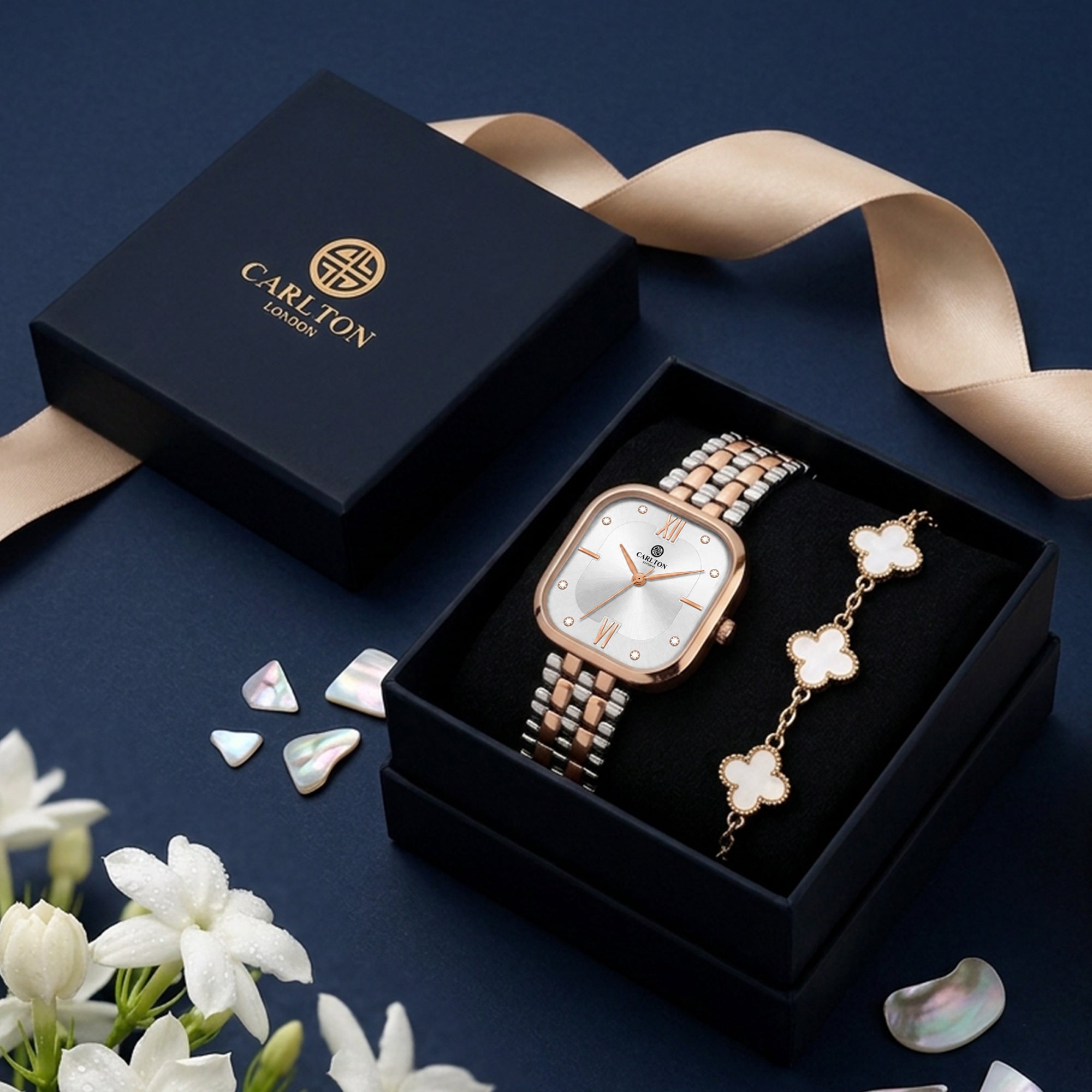 Carlton London Chelsea Women’s Gift Set – Silver Dial Watch with White Leaf Bracelet, Two Tone – CLPLG135