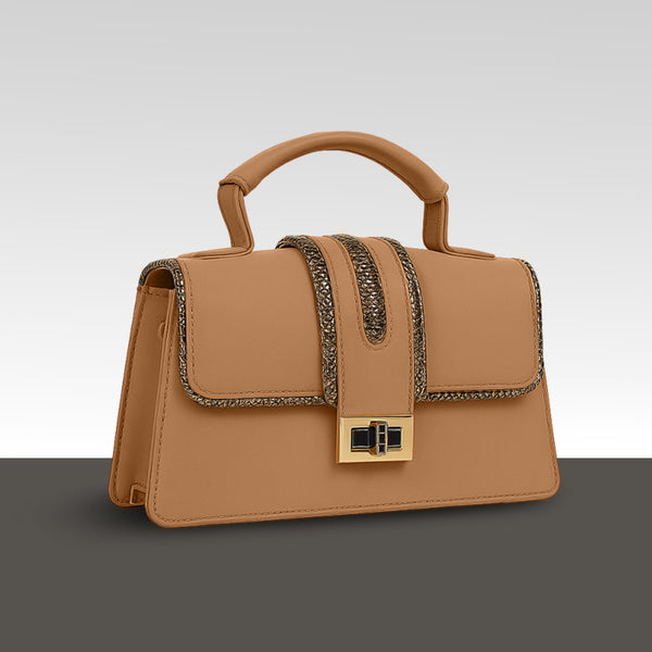 Carlton London Beige Structured Handbag with Metallic Detailing