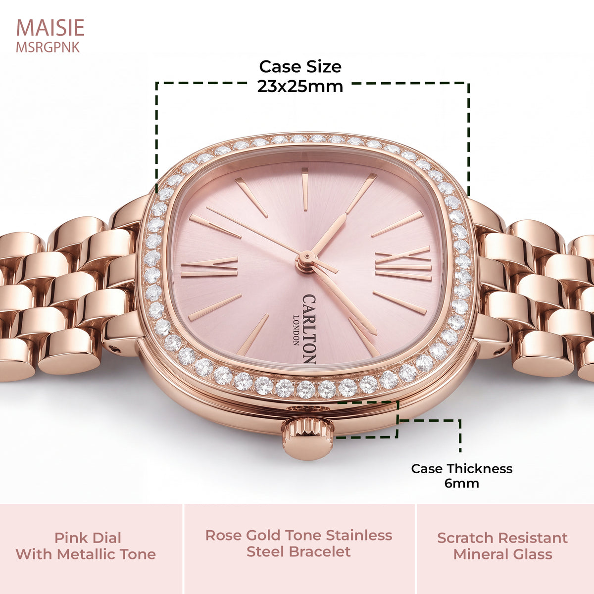 Carlton London Maisie Women’s Watch - Pink Rectangle Dial, Rose Gold Stainless Steel Strap - MSRGPNK