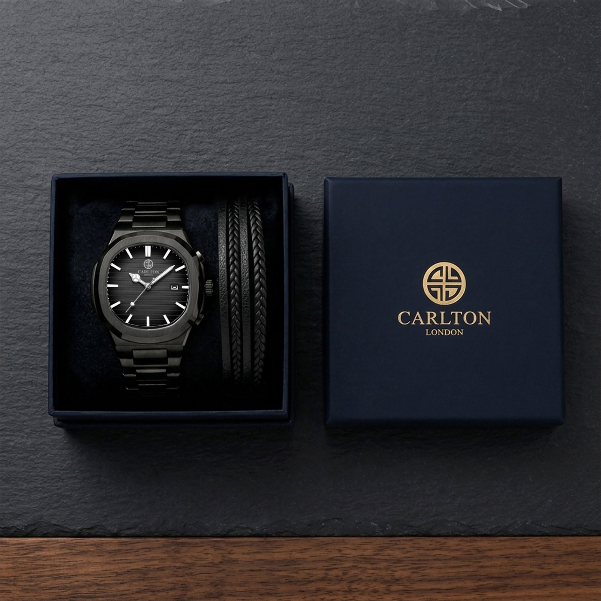 Carlton London Arthur Men’s Gift Set – Teal Dial Watch with Leather Multi-Strap Bracelet, Silver Strap – CLPLG130