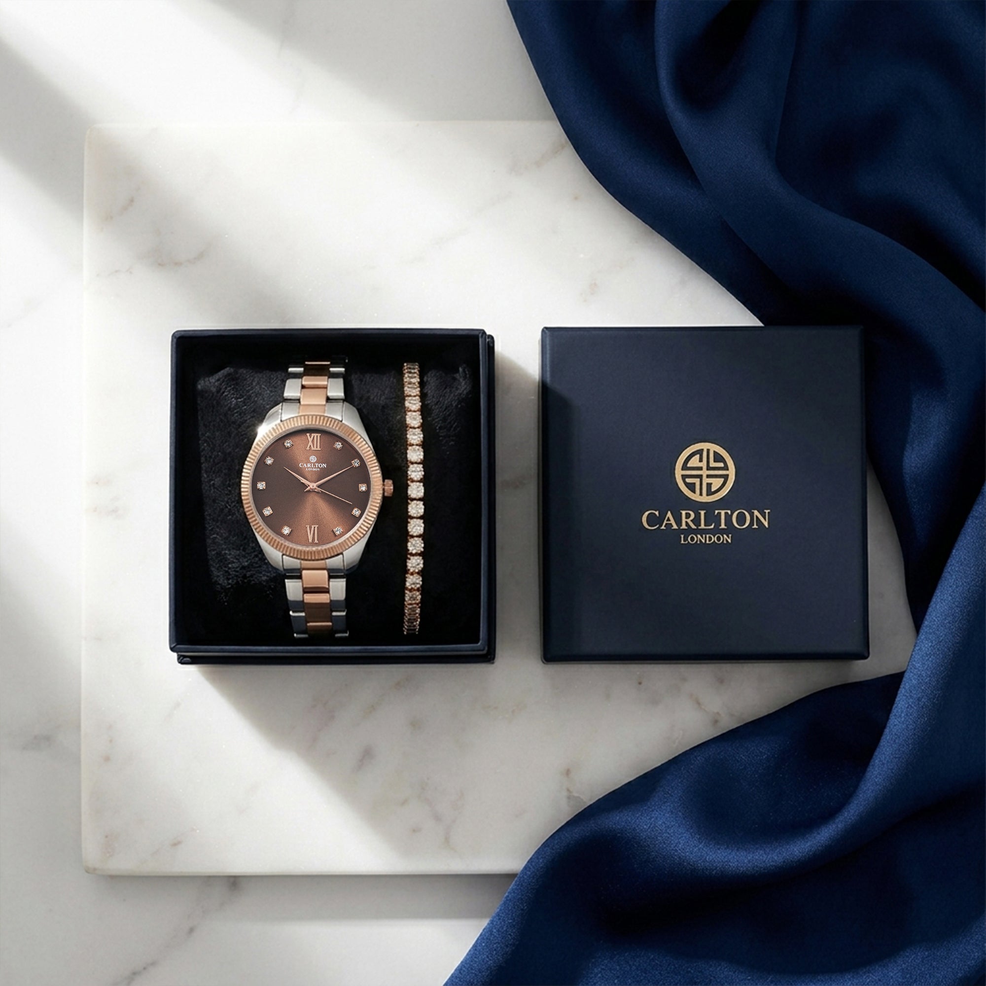 Carlton London Harper Vintage Women’s Gift Set – Brown Dial Watch with Tennis Bracelet, Two Tone – CLPLG140