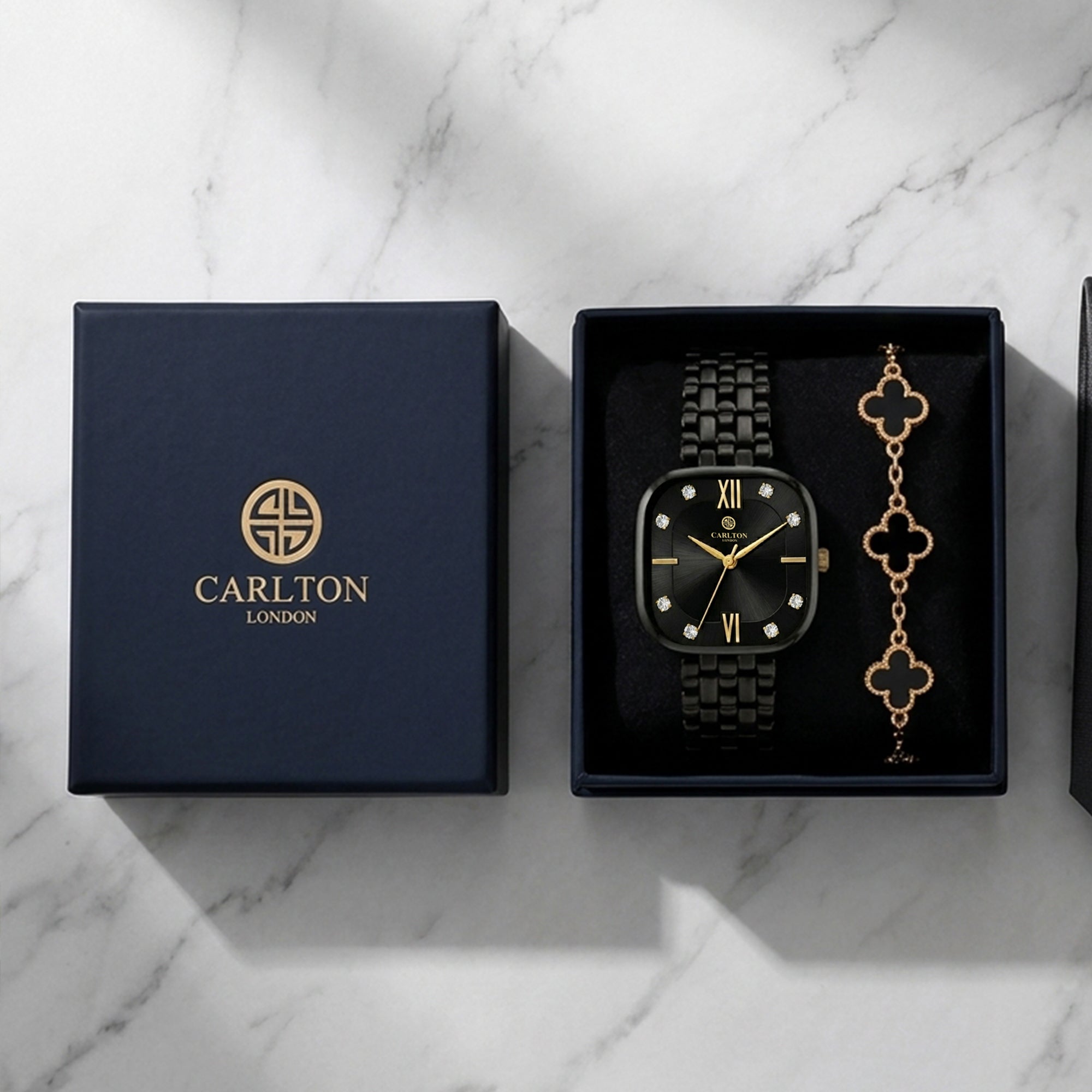 Carlton London Chelsea Women’s Gift Set – Black Dial Watch with Black Leaf Bracelet, Black Strap – CLPLG136