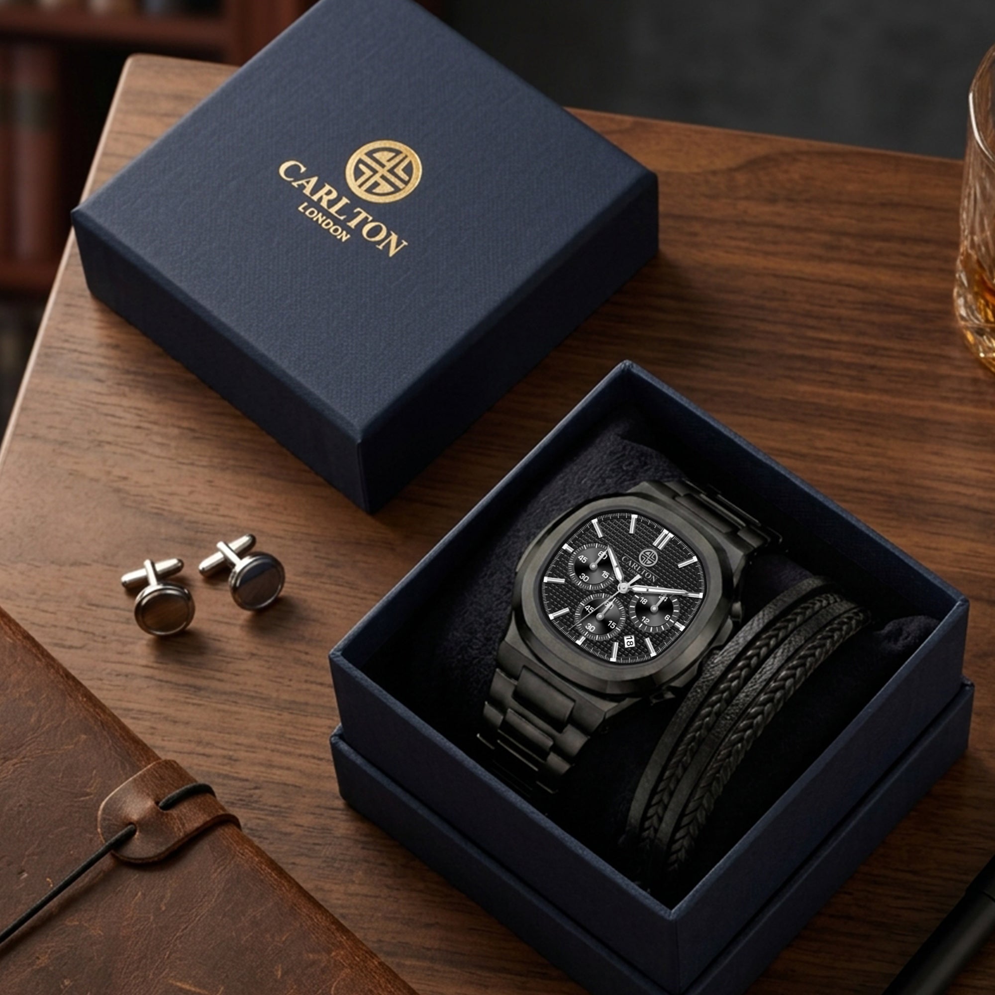 Carlton London Parker Men’s Gift Set – Black Chronograph Watch with Leather Multi-Strap Bracelet – CLPLG142