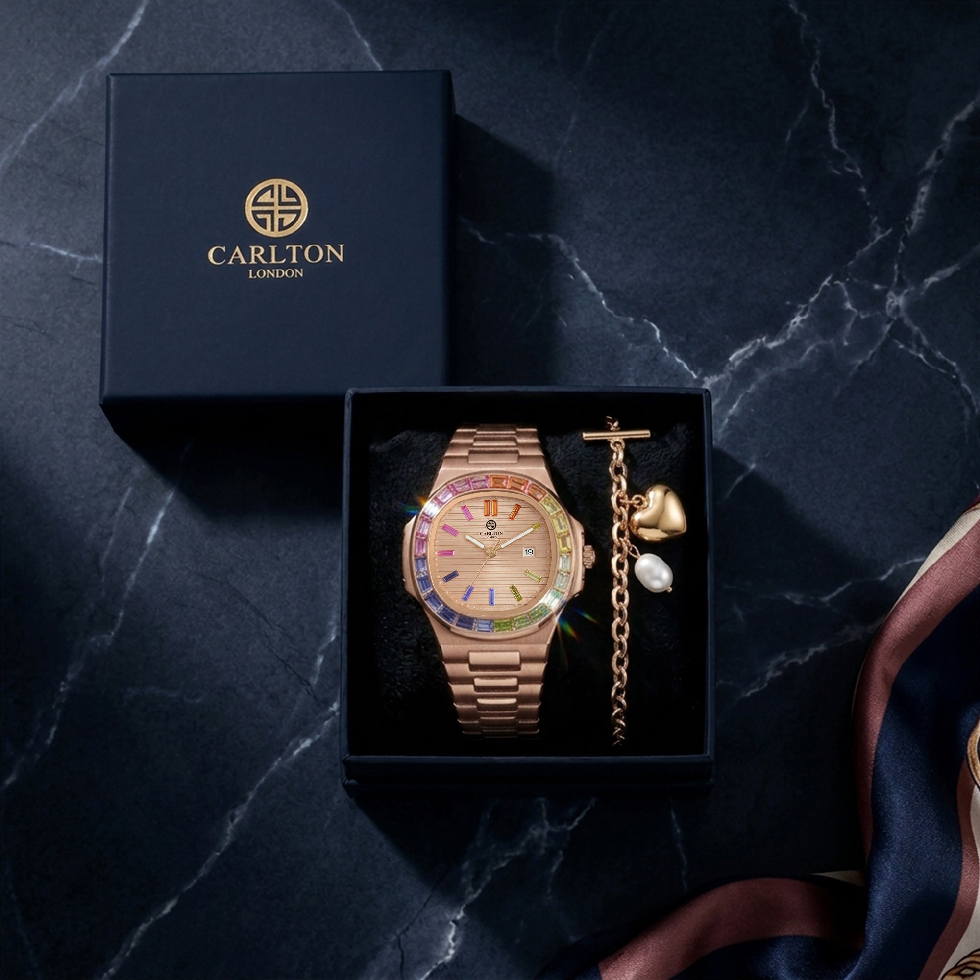 Carlton London Grace Women’s Gift Set – White Dial Watch with Heart Pearl Bracelet, Rose Gold – CLPLG137