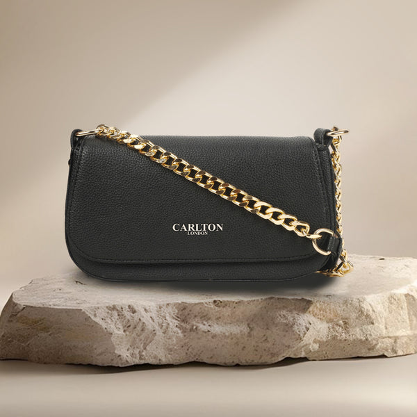 Carlton London Black Textured Gold Chain Handbag