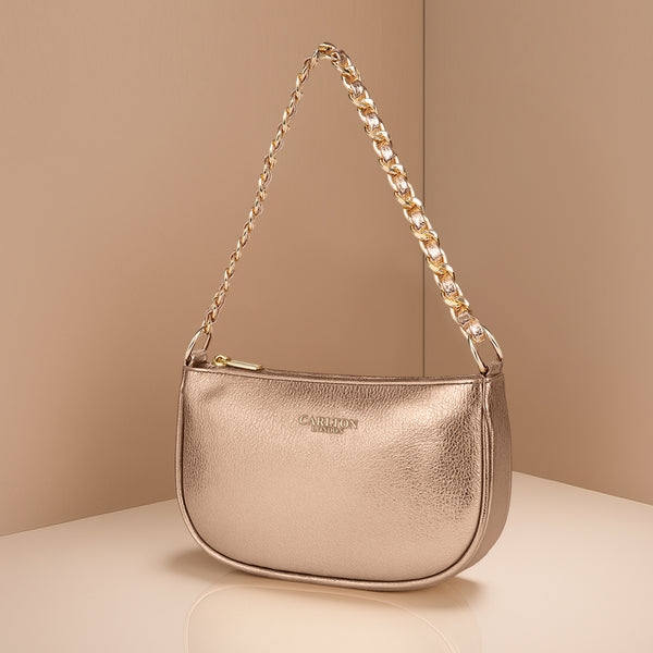 Carlton London Rose Gold Handbag with Gold Chain Strap