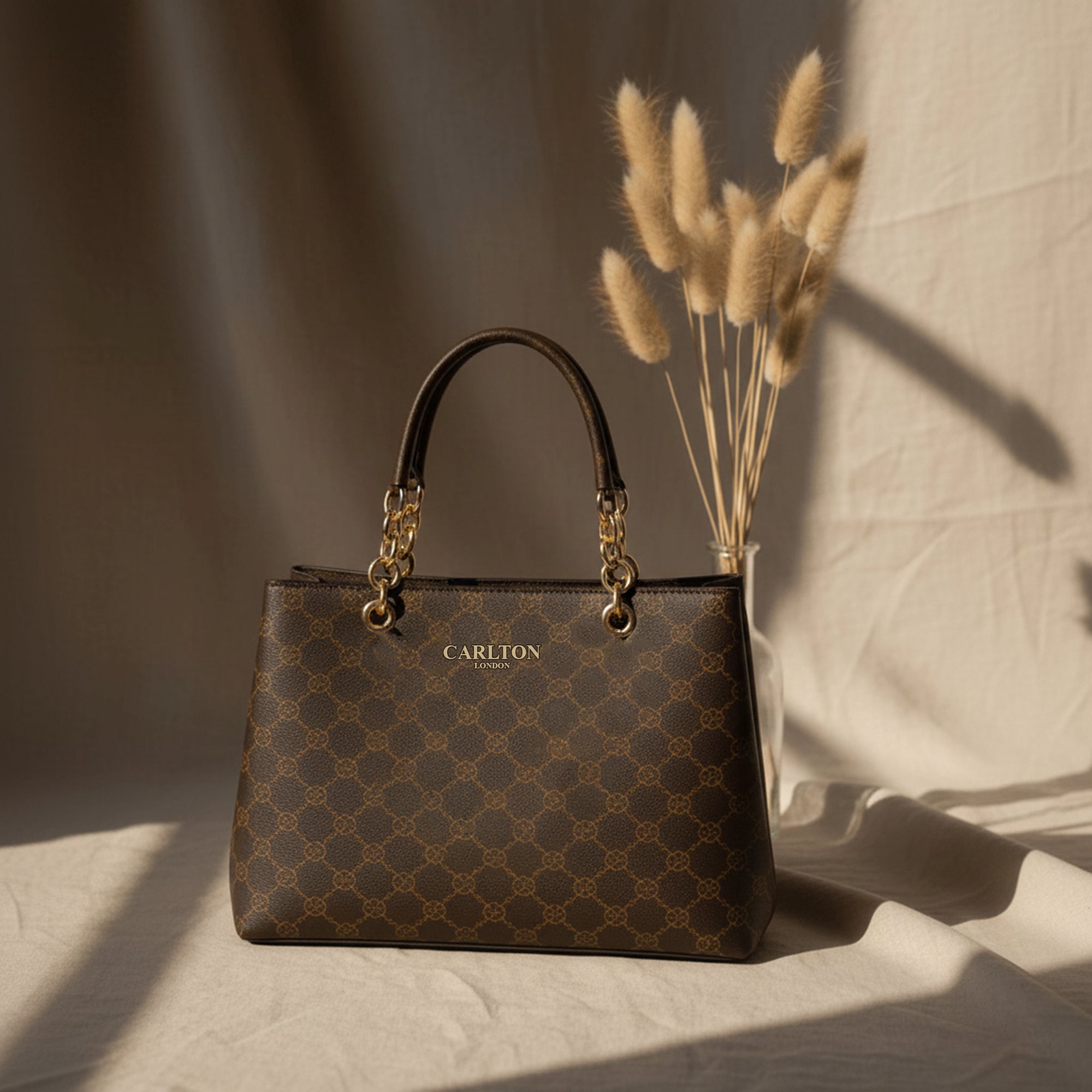 Carlton London Daphne Brown Tote Bag with Gold Chain-Link Handles - CLLP-979 BROWN