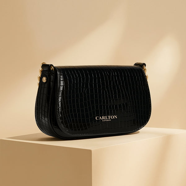 Carlton London Glossy Black Crocodile-Patterned Crossbody Bag with Gold Chain Strap