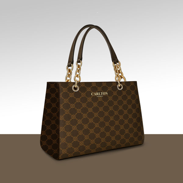Carlton London brown Monogram Tote Bag with Gold Chain-Link Handles
