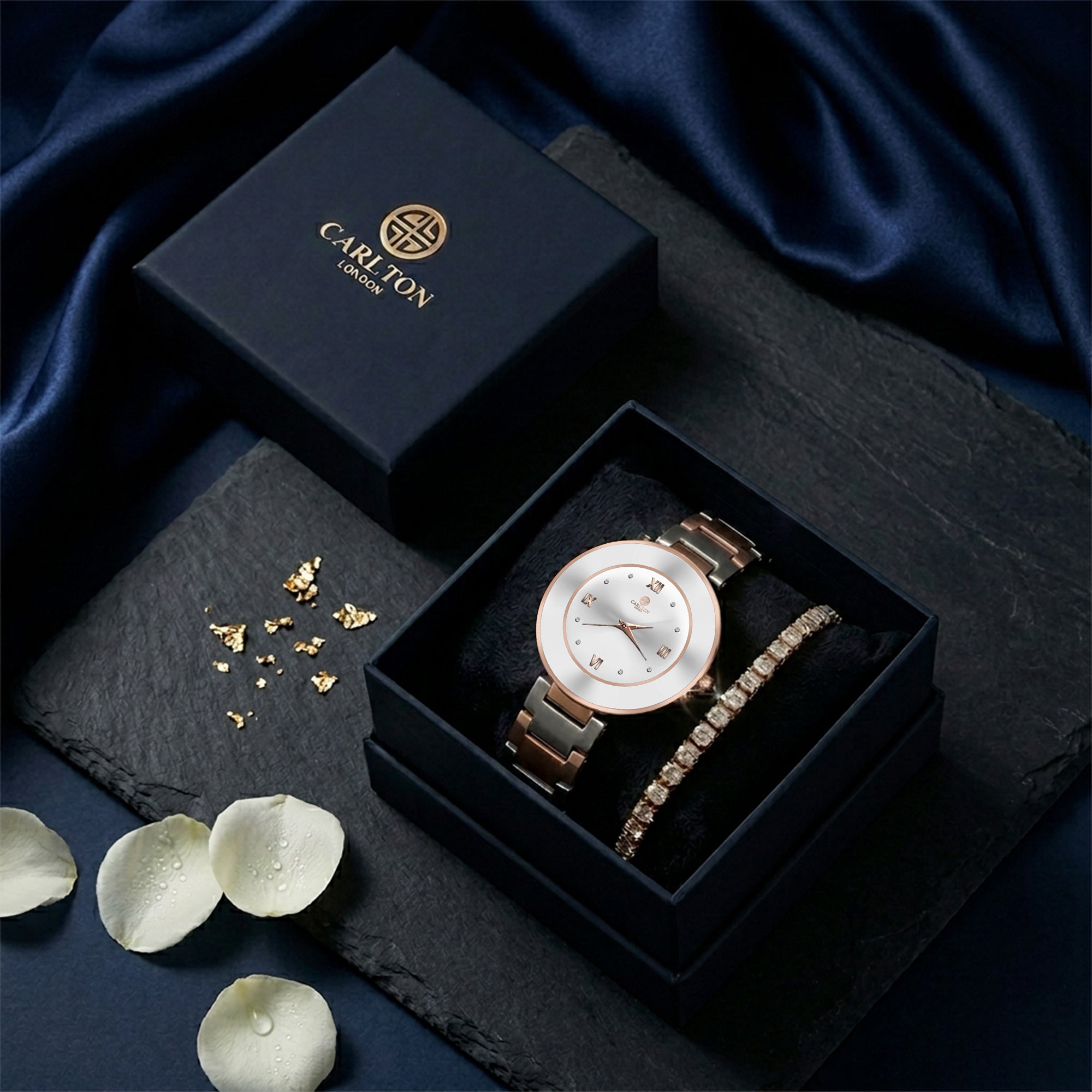 Carlton London Juliette Women’s Gift Set – Silver Dial Watch with Tennis Bracelet, Two Tone – CLPLG141