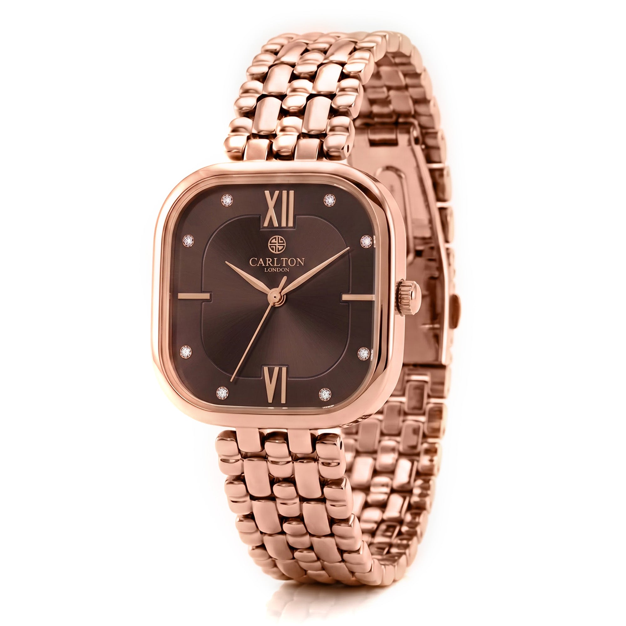 Carlton London Chelsea Women’s Watch – Brown Square Dial, Rose Gold Stainless Steel Strap – CLSSBRWN