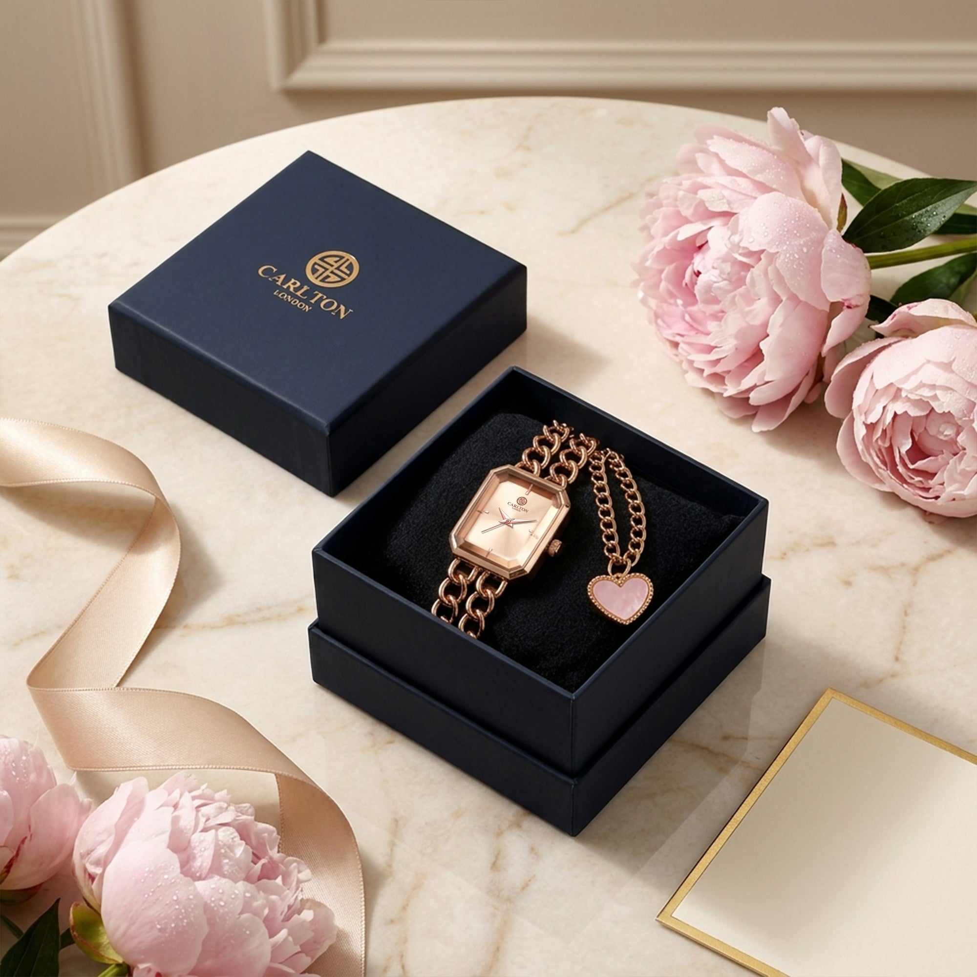 Carlton London Victoria Women’s Gift Set – Rose Gold Dial Watch with Heart Charm Bracelet, Rose Gold – CLPLG145