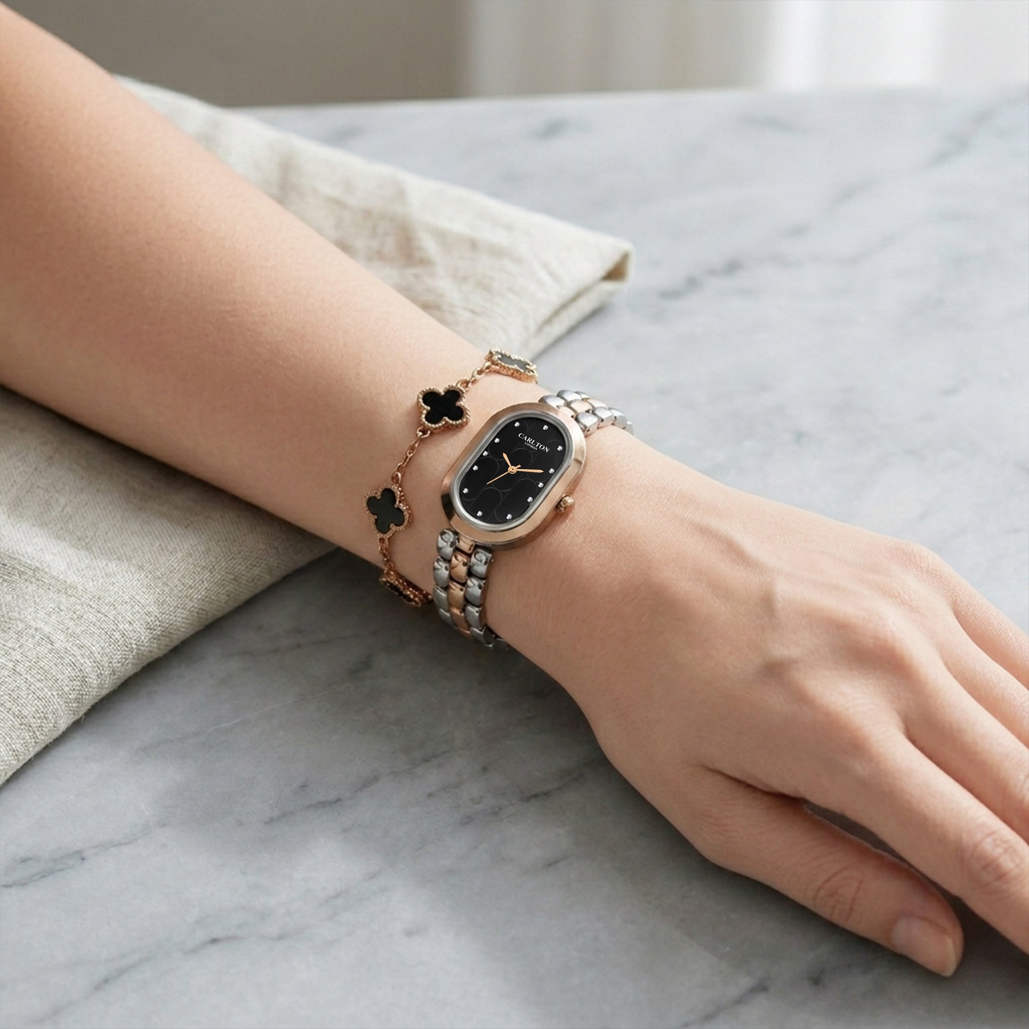 Carlton London Cecil Women’s Gift Set – Black Oval Dial Watch with Black Leaf Bracelet, Two Tone – CLPLG133