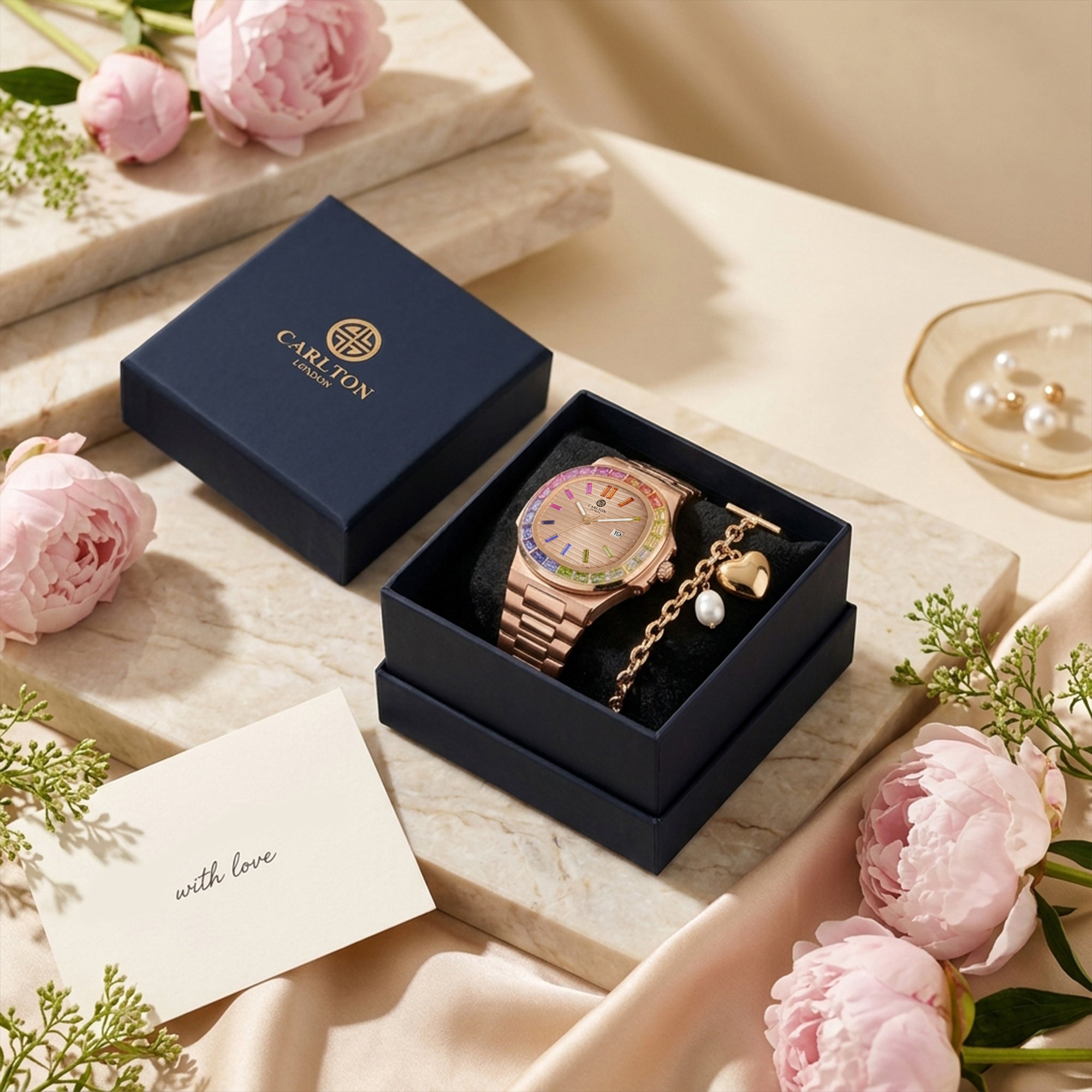 Carlton London Grace Women’s Gift Set – White Dial Watch with Heart Pearl Bracelet, Rose Gold – CLPLG137