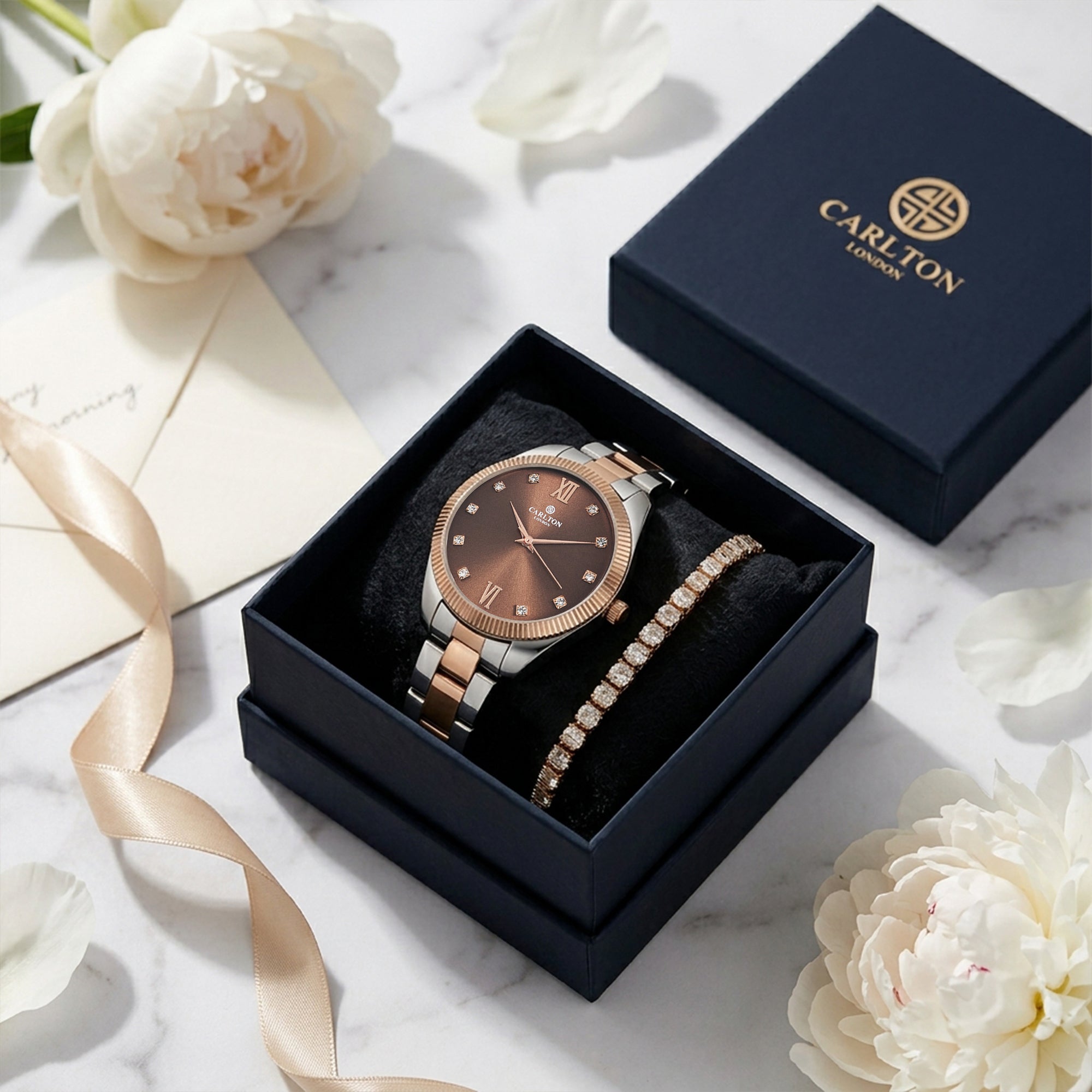 Carlton London Harper Vintage Women’s Gift Set – Brown Dial Watch with Tennis Bracelet, Two Tone – CLPLG140